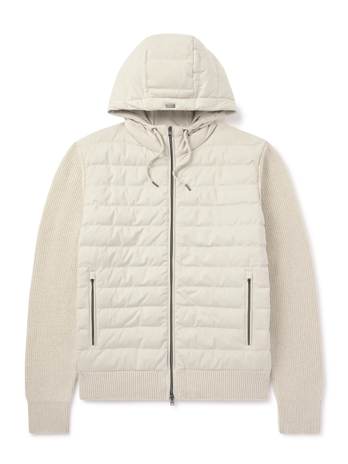 Quilted Microfibre and Ribbed Wool Down Hooded Jacket