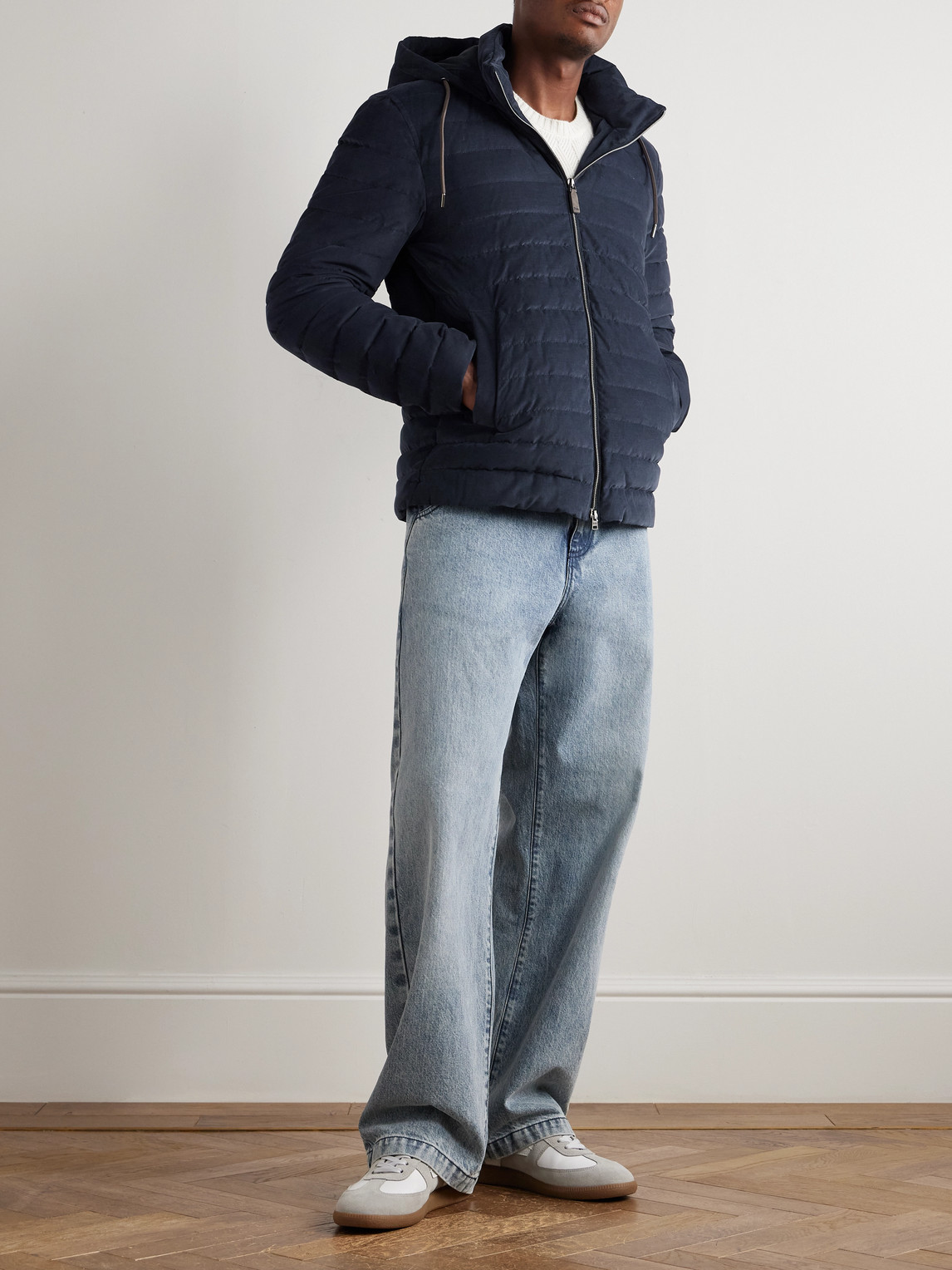 Herno Quilted Cotton-corduroy Hooded Down Jacket In Blue