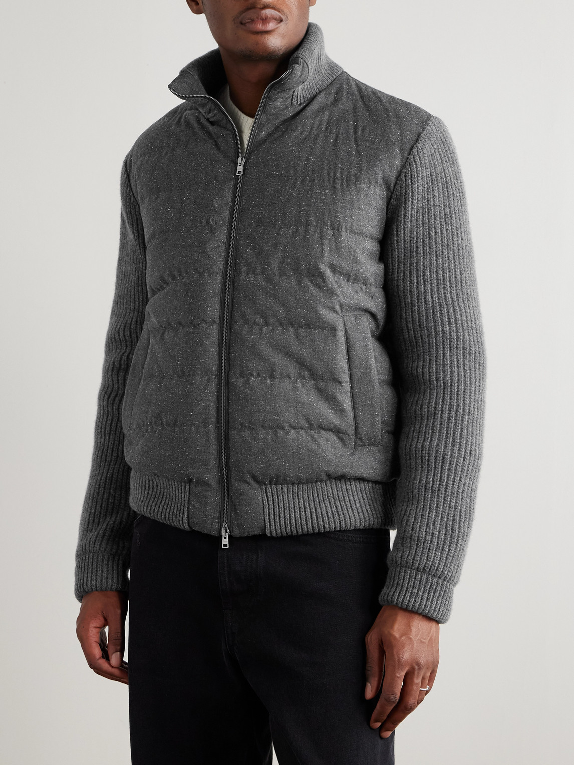 Herno Quilted And Ribbed Wool-blend Down Bomber Jacket In Gray