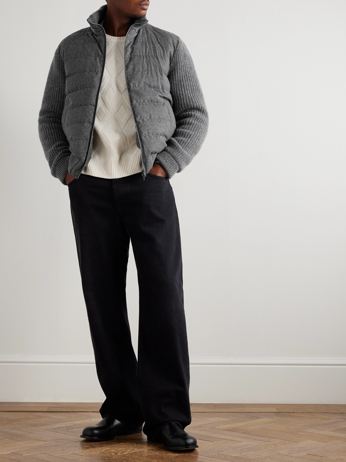 Herno Quilted And Ribbed Wool-blend Down Bomber Jacket In Gray