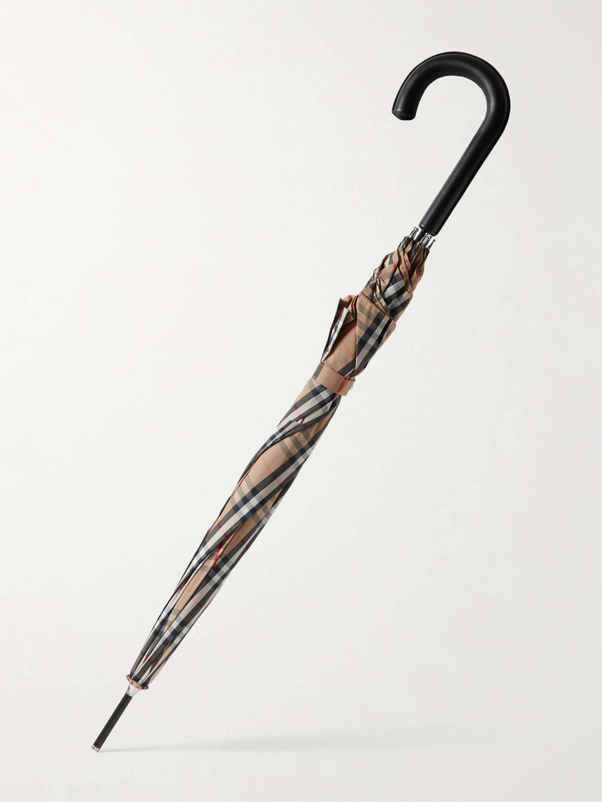 BURBERRY Checked Shell and Leather Umbrella