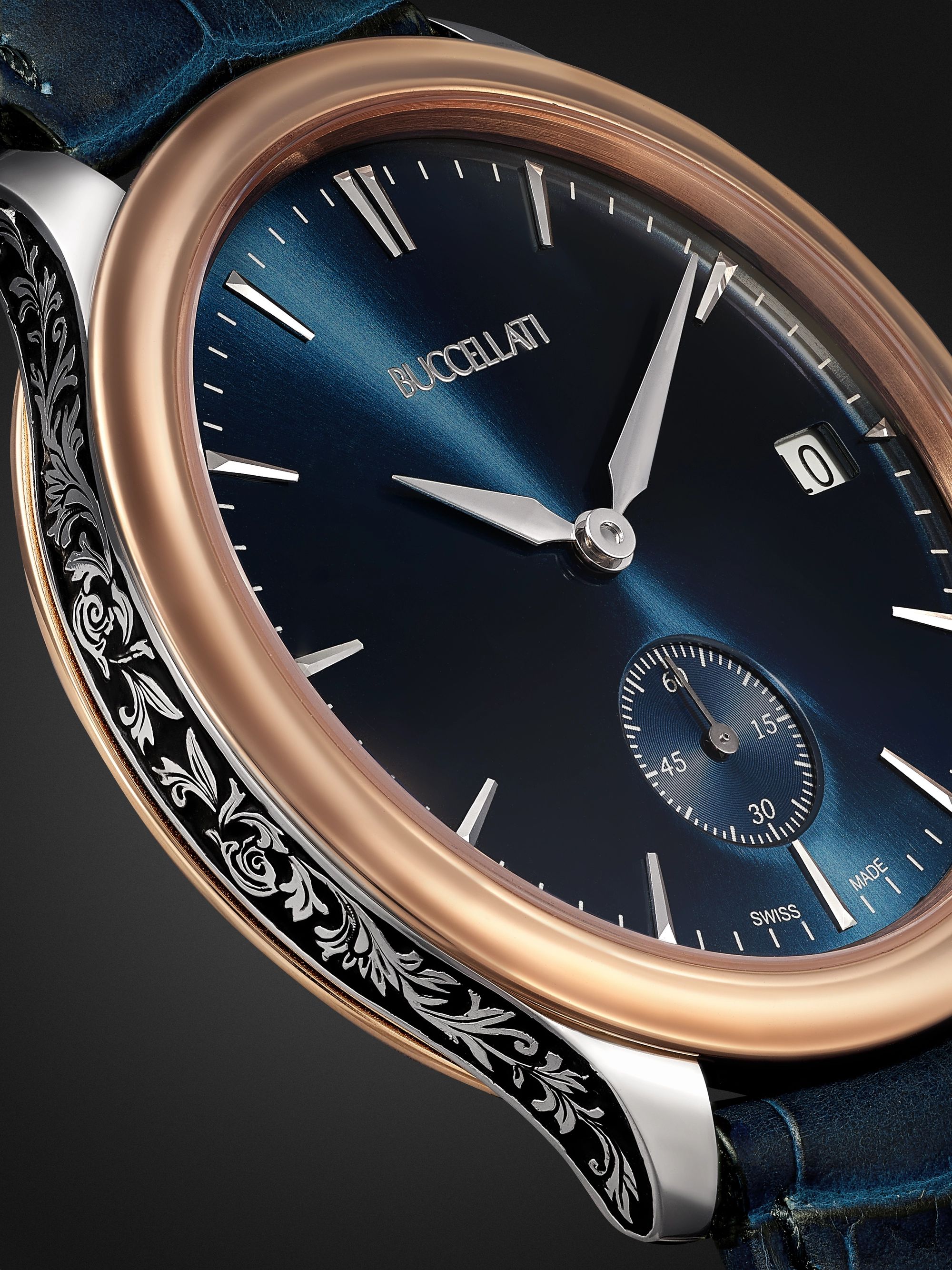 BUCCELLATI Ornatino Automatic 42mm 18-Karat Pink and White Gold and Croc-Effect Leather Watch, Ref. No. WAUMGE013179