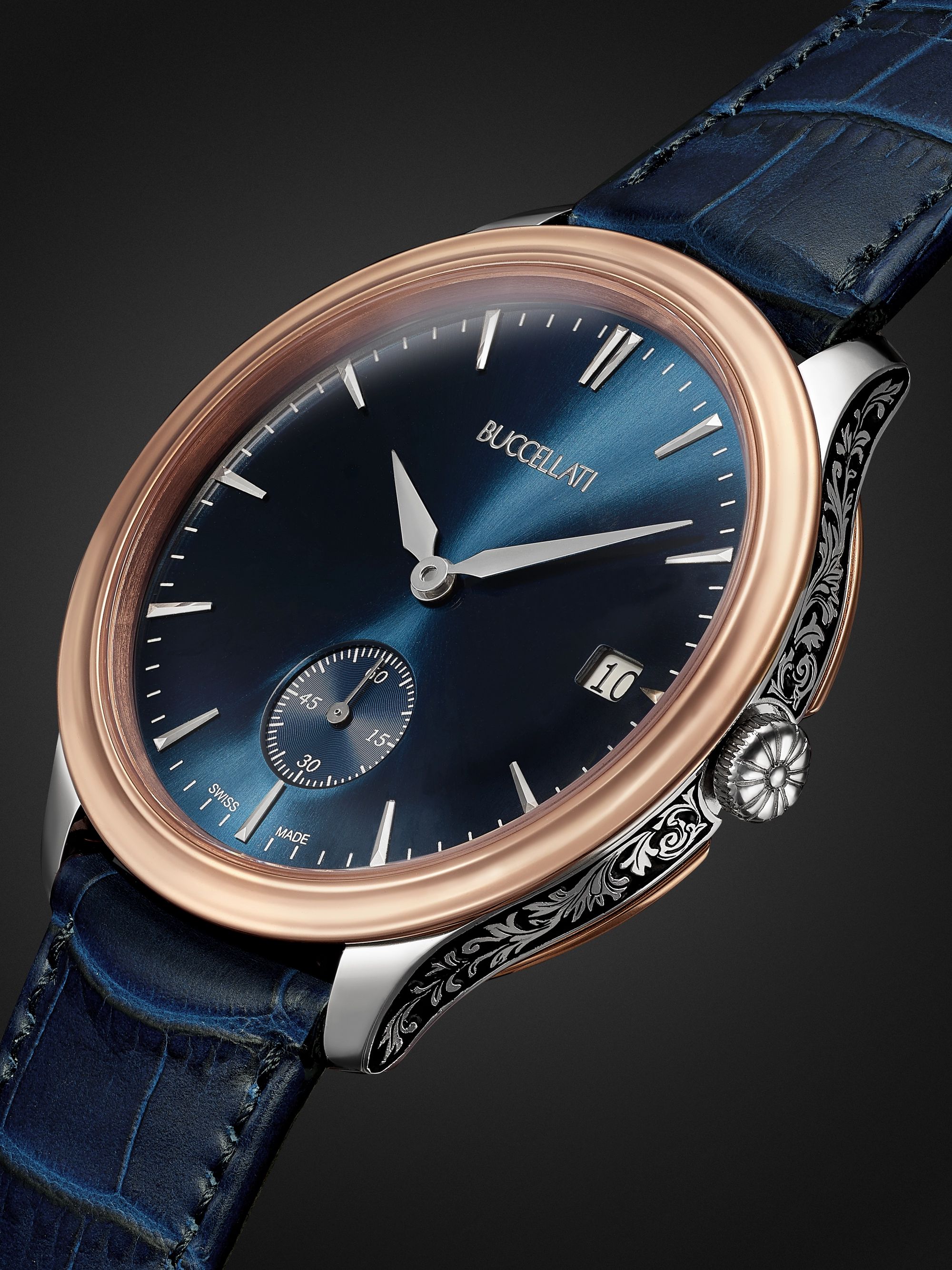BUCCELLATI Ornatino Automatic 42mm 18-Karat Pink and White Gold and Croc-Effect Leather Watch, Ref. No. WAUMGE013179