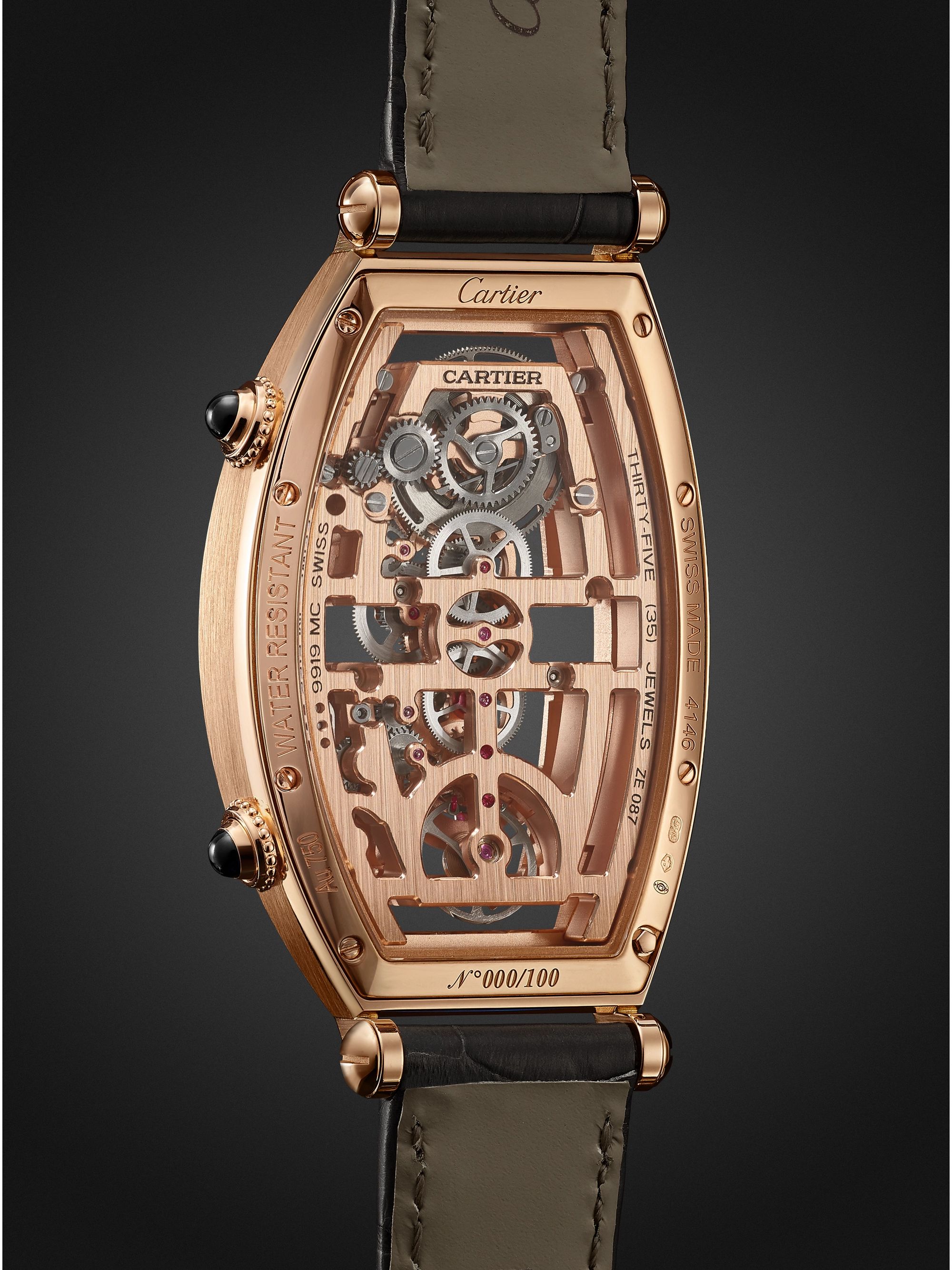 CARTIER Tonneau XL Dual Time Limited Edition Hand-Wound Skeleton 29.8mm 18-Karat Rose Gold and Alligator Watch, Ref. No. WHTN0005