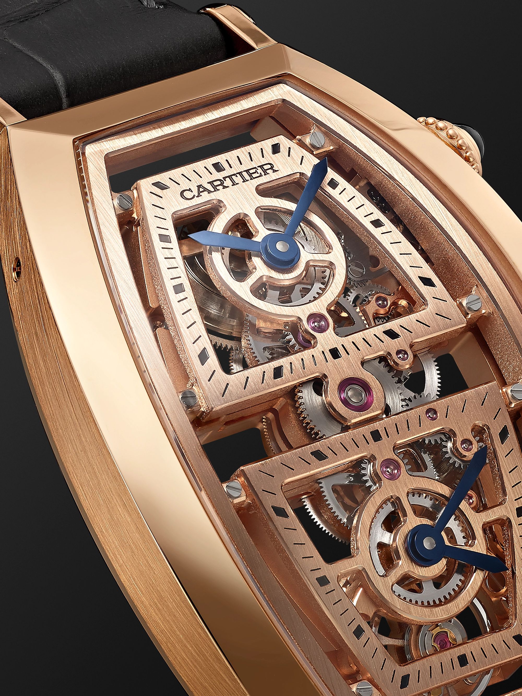 CARTIER Tonneau XL Dual Time Limited Edition Hand-Wound Skeleton 29.8mm 18-Karat Rose Gold and Alligator Watch, Ref. No. WHTN0005
