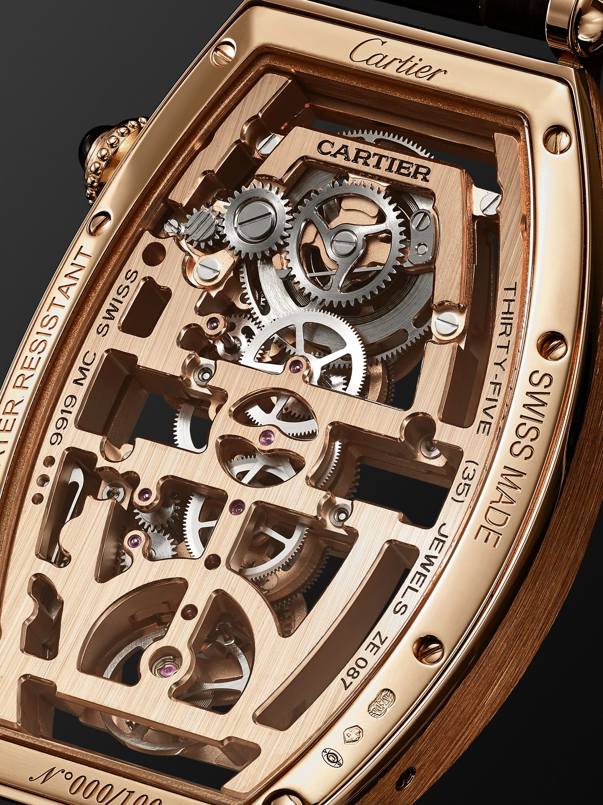 CARTIER Tonneau XL Dual Time Limited Edition Hand-Wound Skeleton 29.8mm 18-Karat Rose Gold and Alligator Watch, Ref. No. WHTN0005
