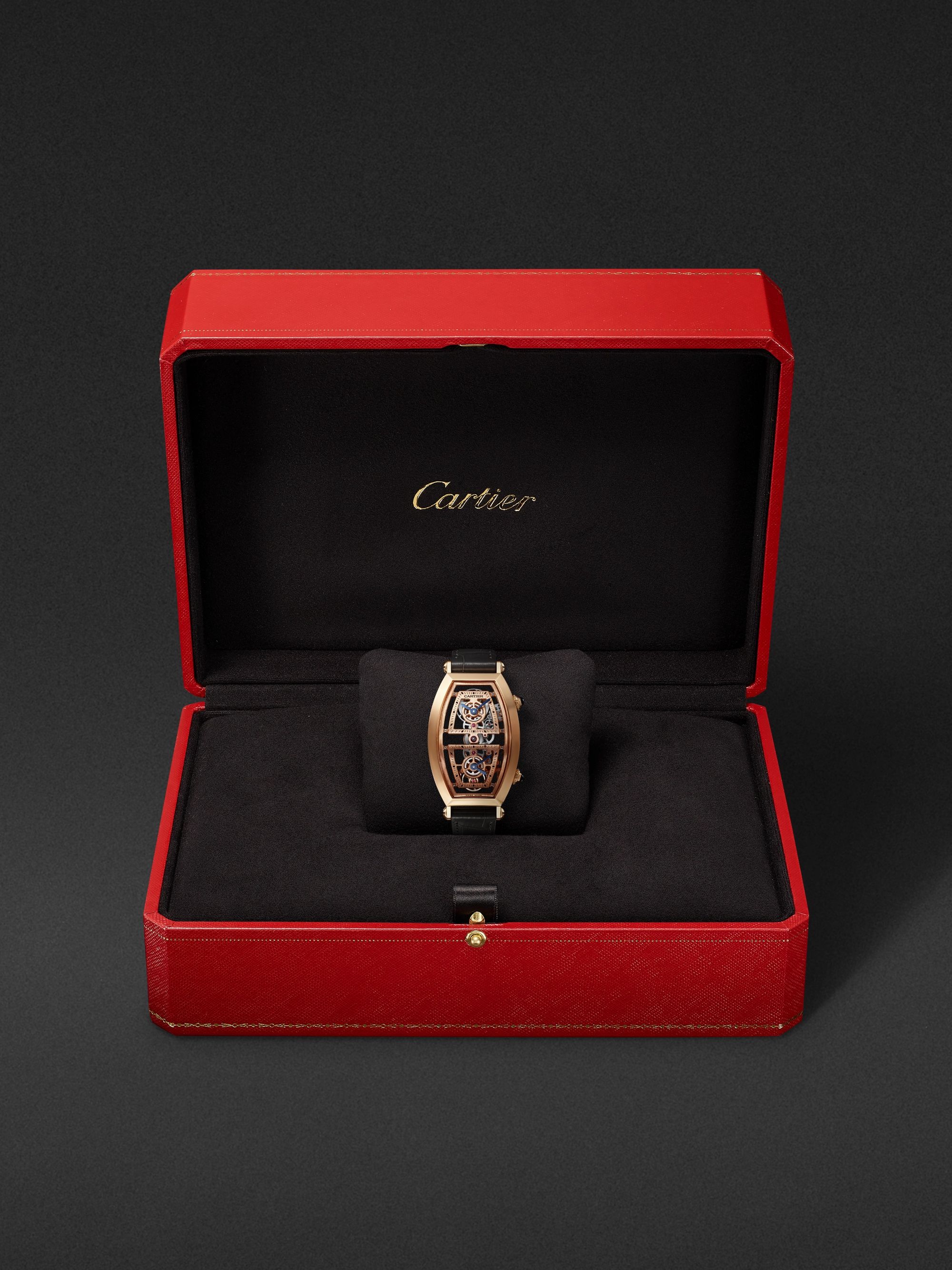 CARTIER Tonneau XL Dual Time Limited Edition Hand-Wound Skeleton 29.8mm 18-Karat Rose Gold and Alligator Watch, Ref. No. WHTN0005