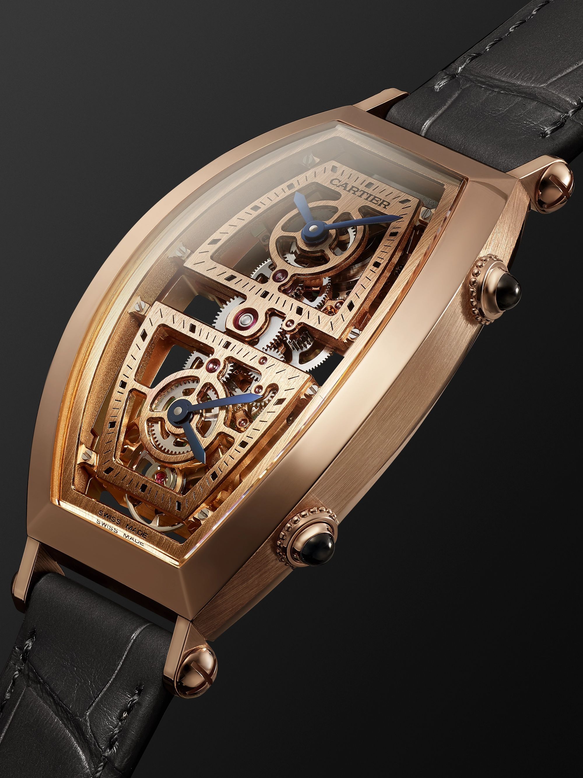 CARTIER Tonneau XL Dual Time Limited Edition Hand-Wound Skeleton 29.8mm 18-Karat Rose Gold and Alligator Watch, Ref. No. WHTN0005