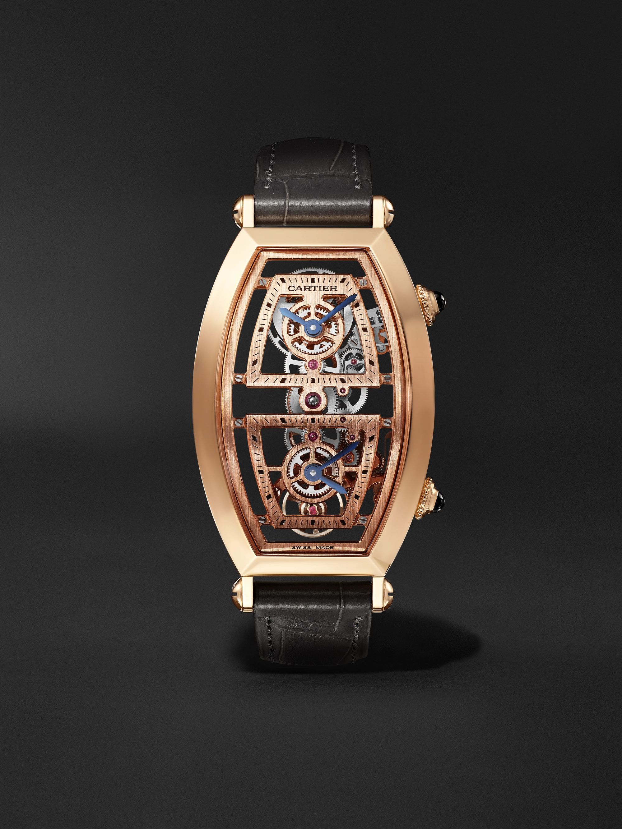 CARTIER Tonneau XL Dual Time Limited Edition Hand-Wound Skeleton 29.8mm 18-Karat Rose Gold and Alligator Watch, Ref. No. WHTN0005