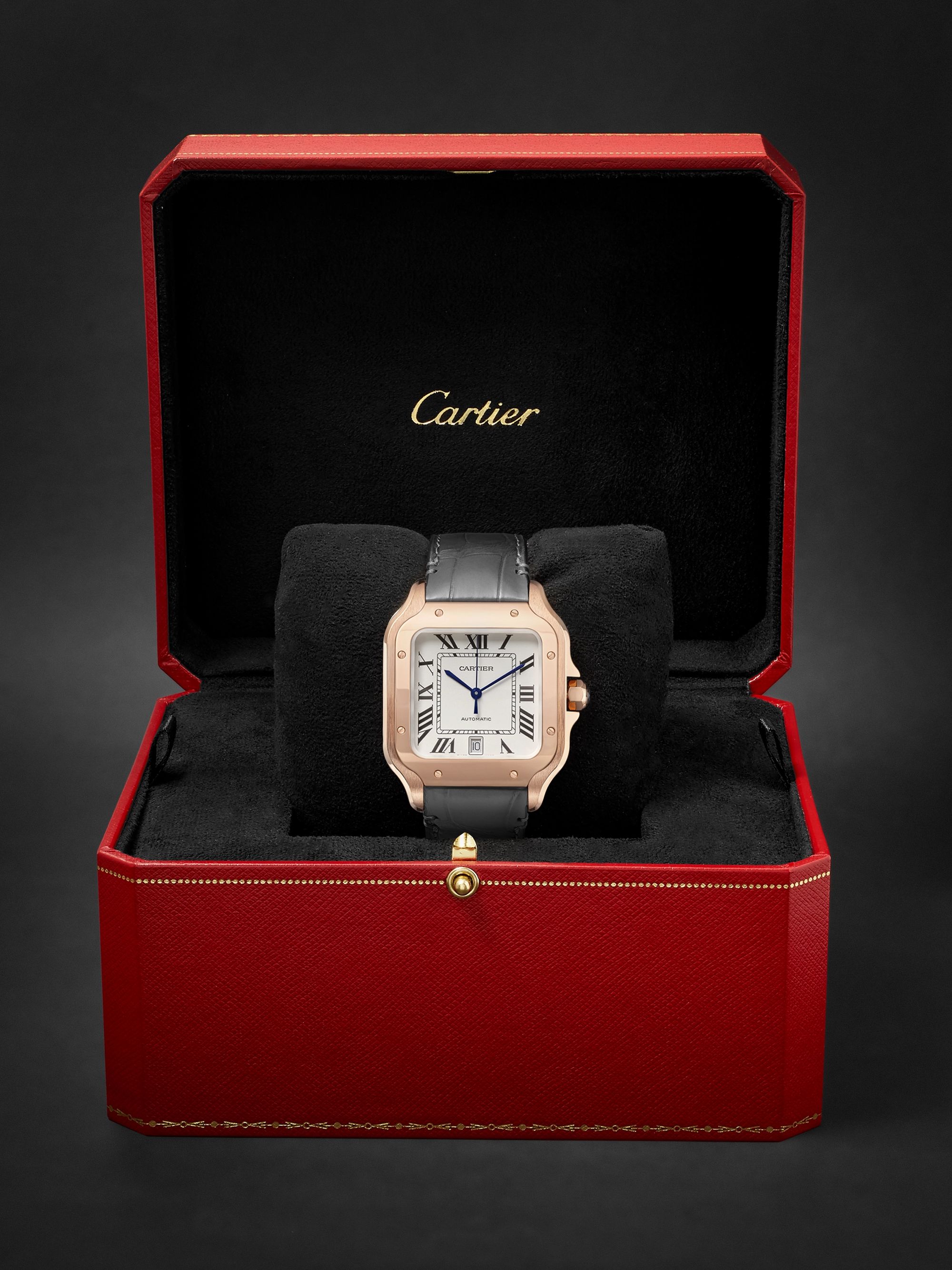 CARTIER Santos Automatic 39.8mm 18-Karat Rose Gold Interchangeable Alligator and Leather Watch, Ref. No. WGSA0011