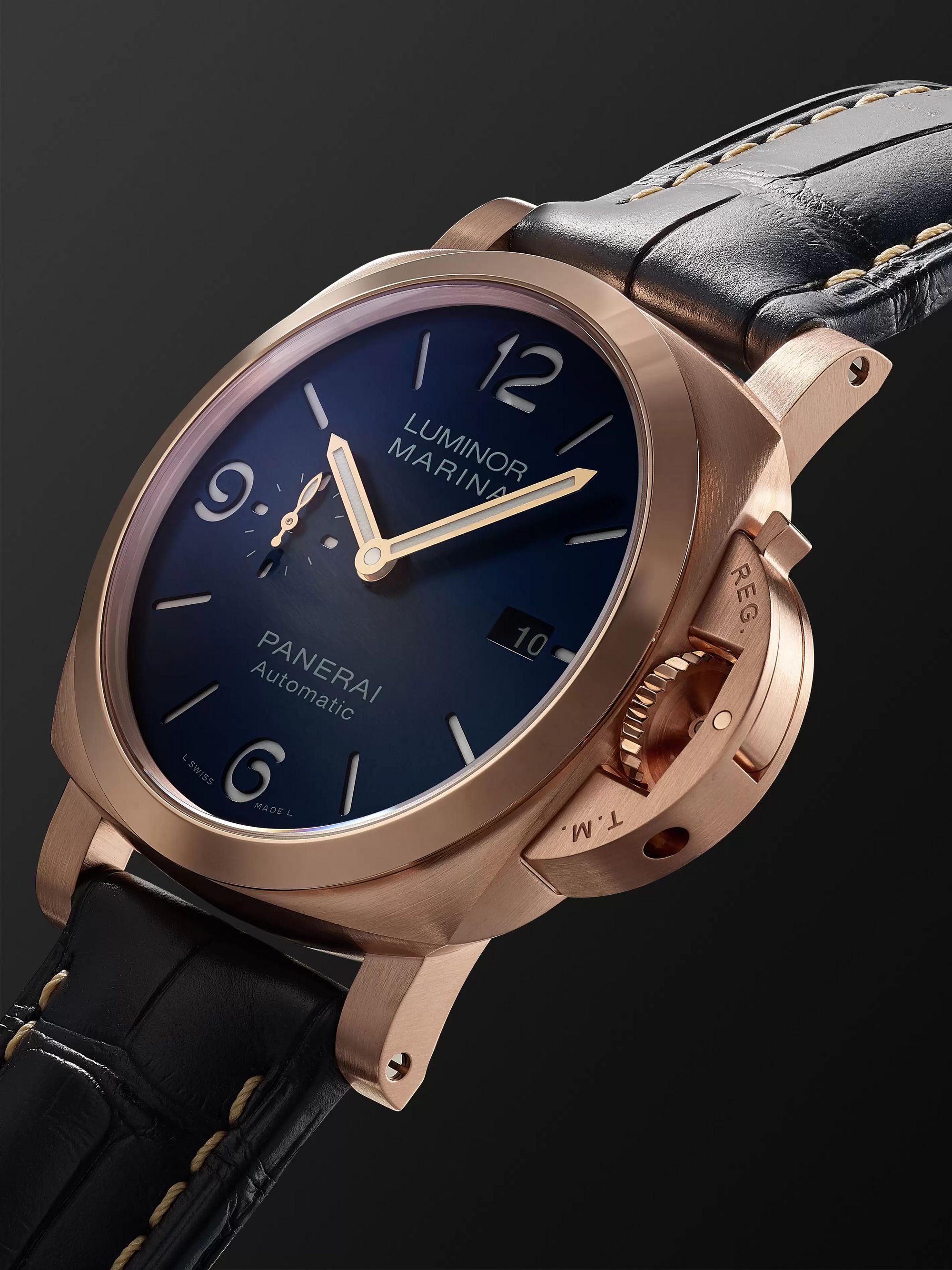 PANERAI Luminor Marina Sole Blu Automatic 44mm Goldtech and Alligator Watch, Ref. No. PAM01112