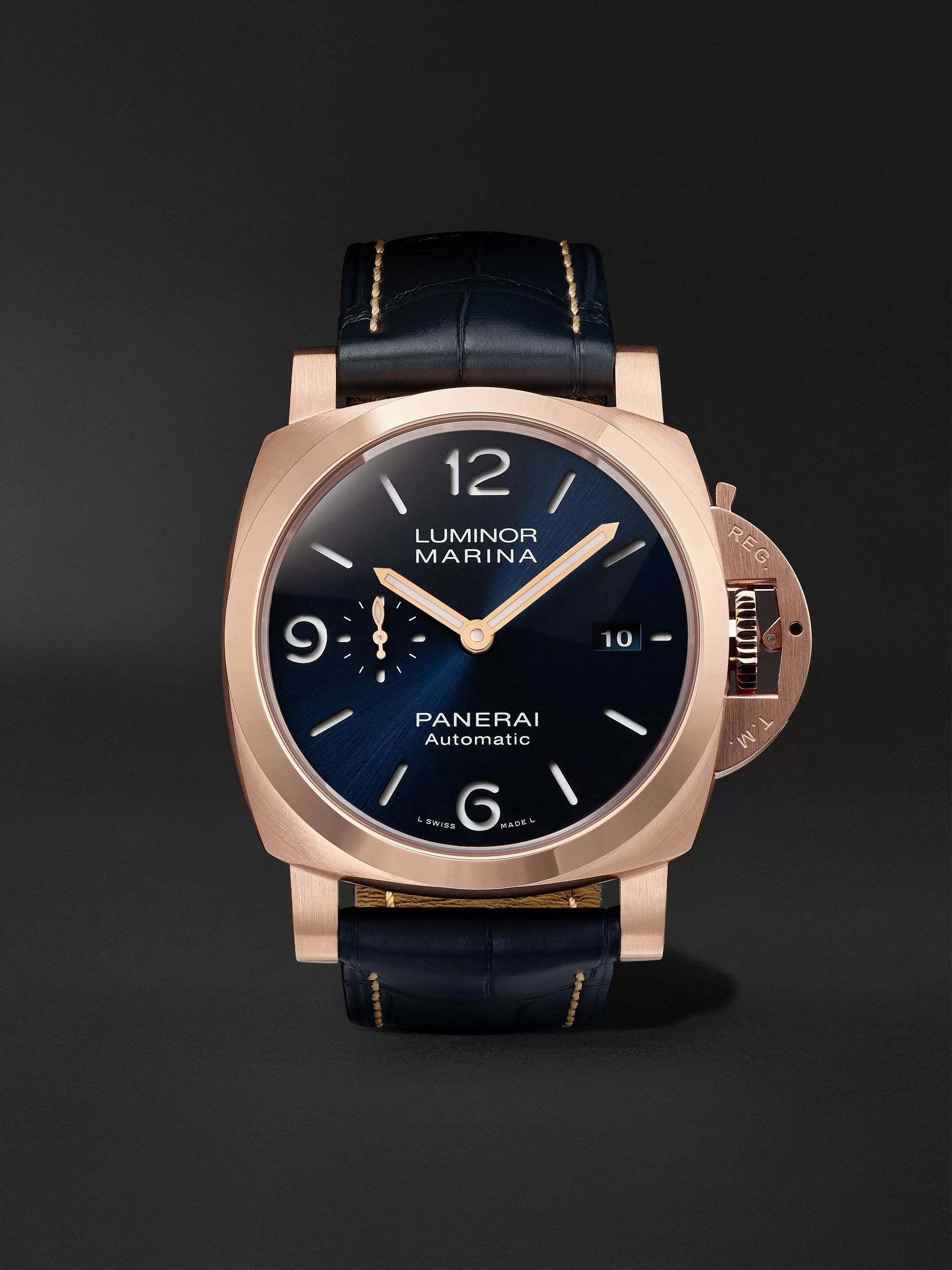 PANERAI Luminor Marina Sole Blu Automatic 44mm Goldtech and Alligator Watch, Ref. No. PAM01112