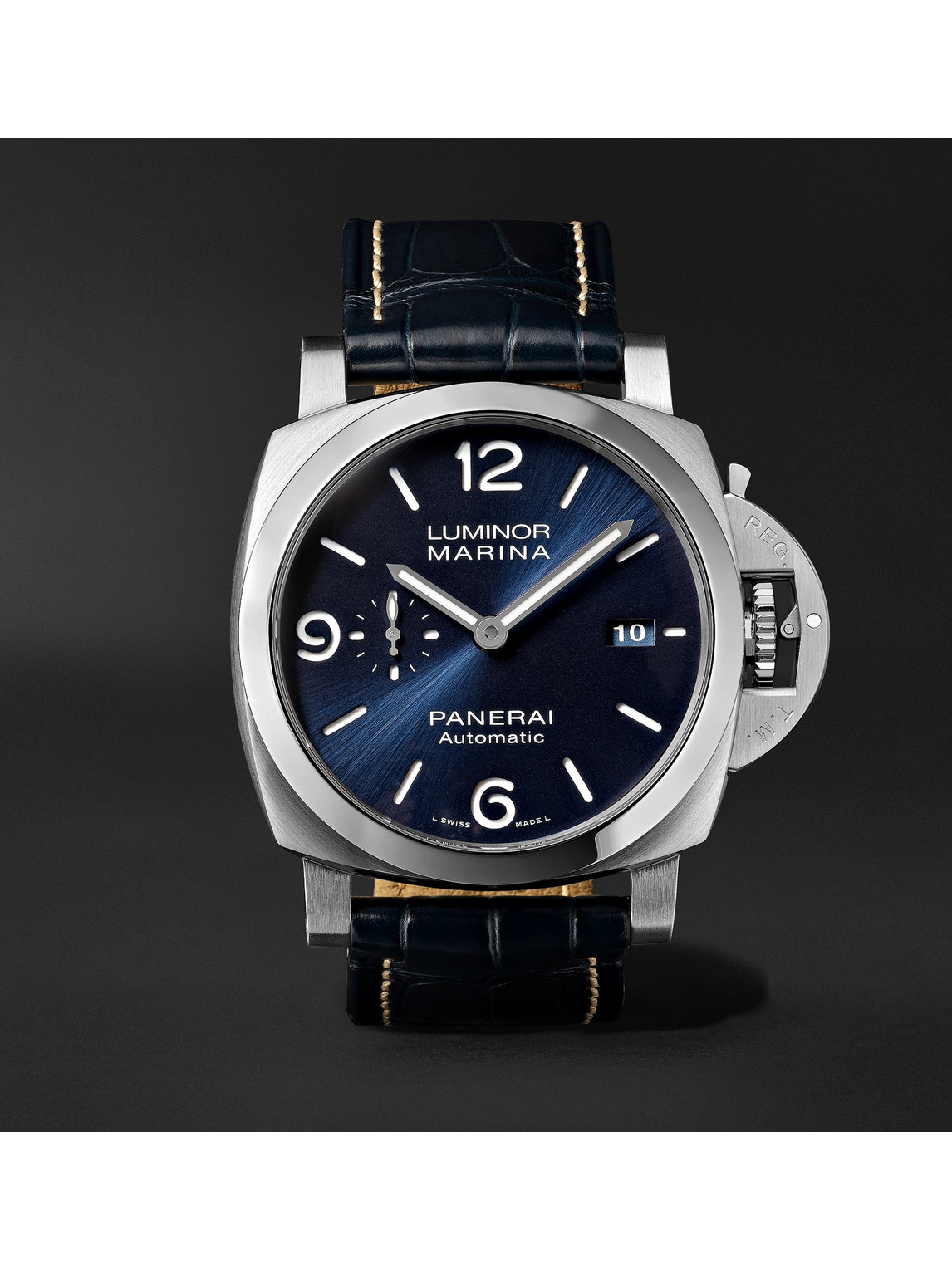 Panerai Luminor Marina Automatic 44mm Stainless Steel And Alligator Watch, Ref. No. Pam01313 In Blue