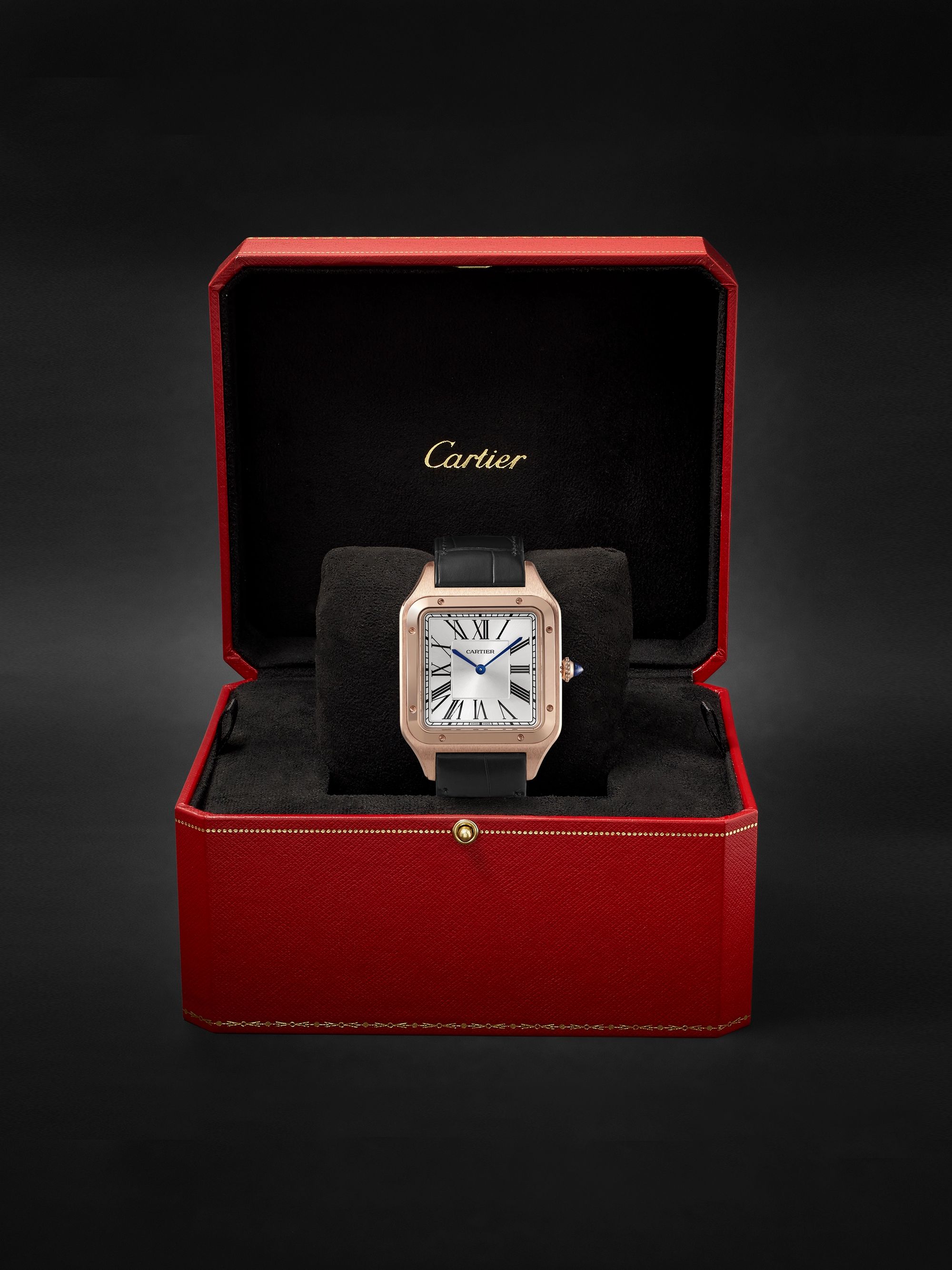 CARTIER Santos-Dumont Hand-Wound 33.9mm Extra Large 18-Karat Rose Gold and Alligator Watch, Ref. No. WGSA0032