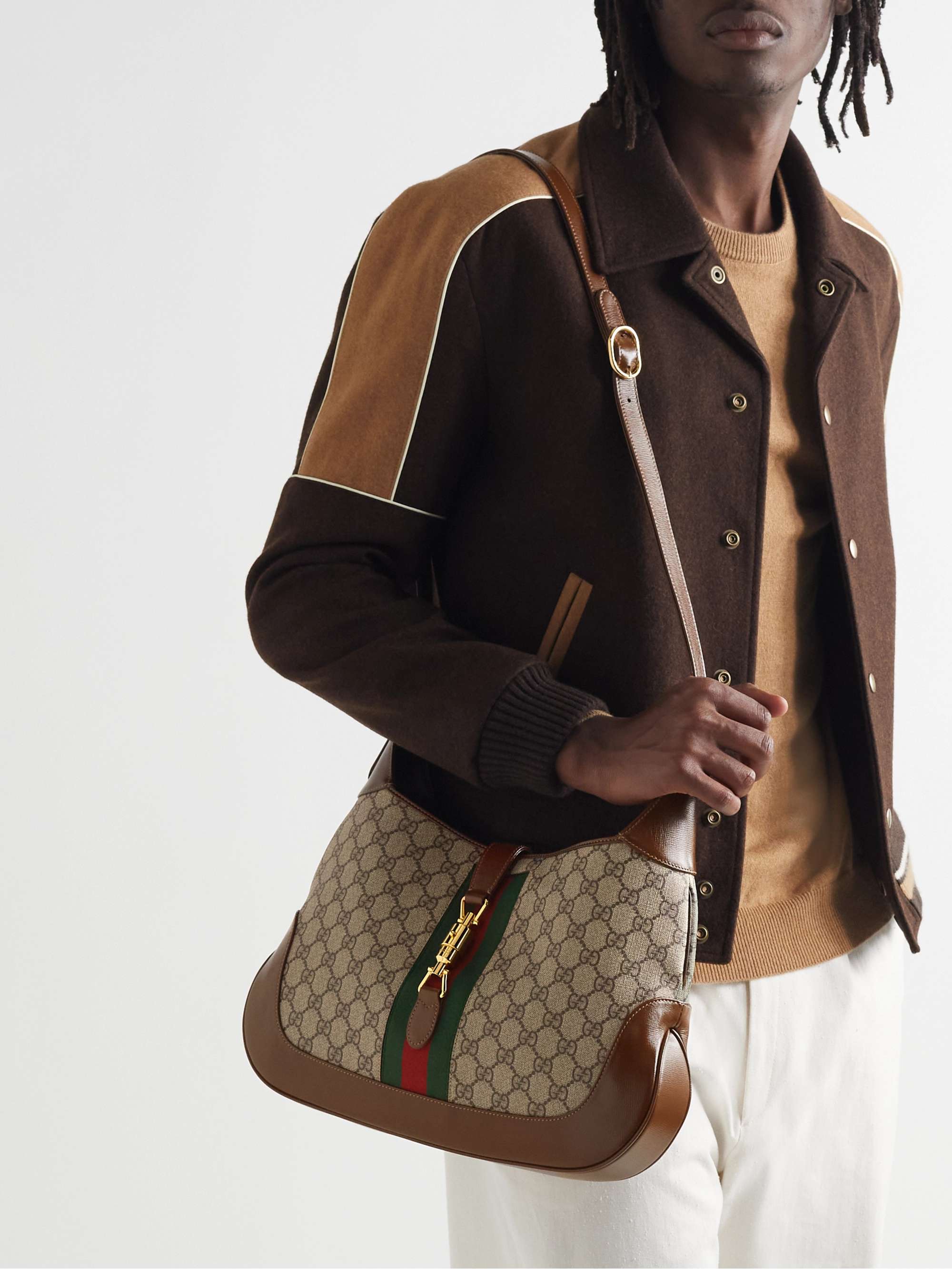 GUCCI Jackie 1961 Medium Webbing-Trimmed Monogrammed Coated-Canvas and Leather Tote Bag