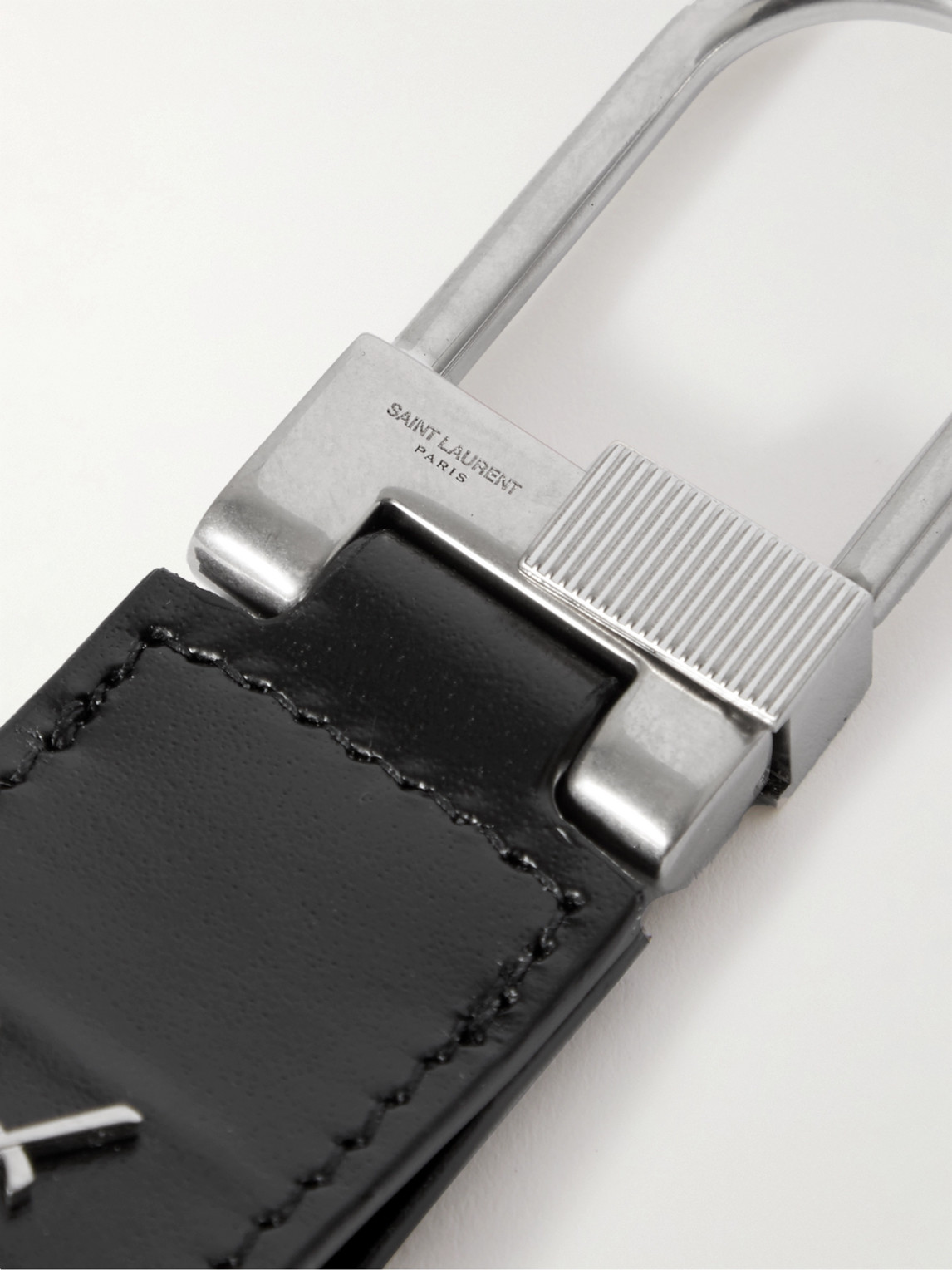 Saint Laurent Logo-detailed Silver-tone And Leather Key Fob In Black