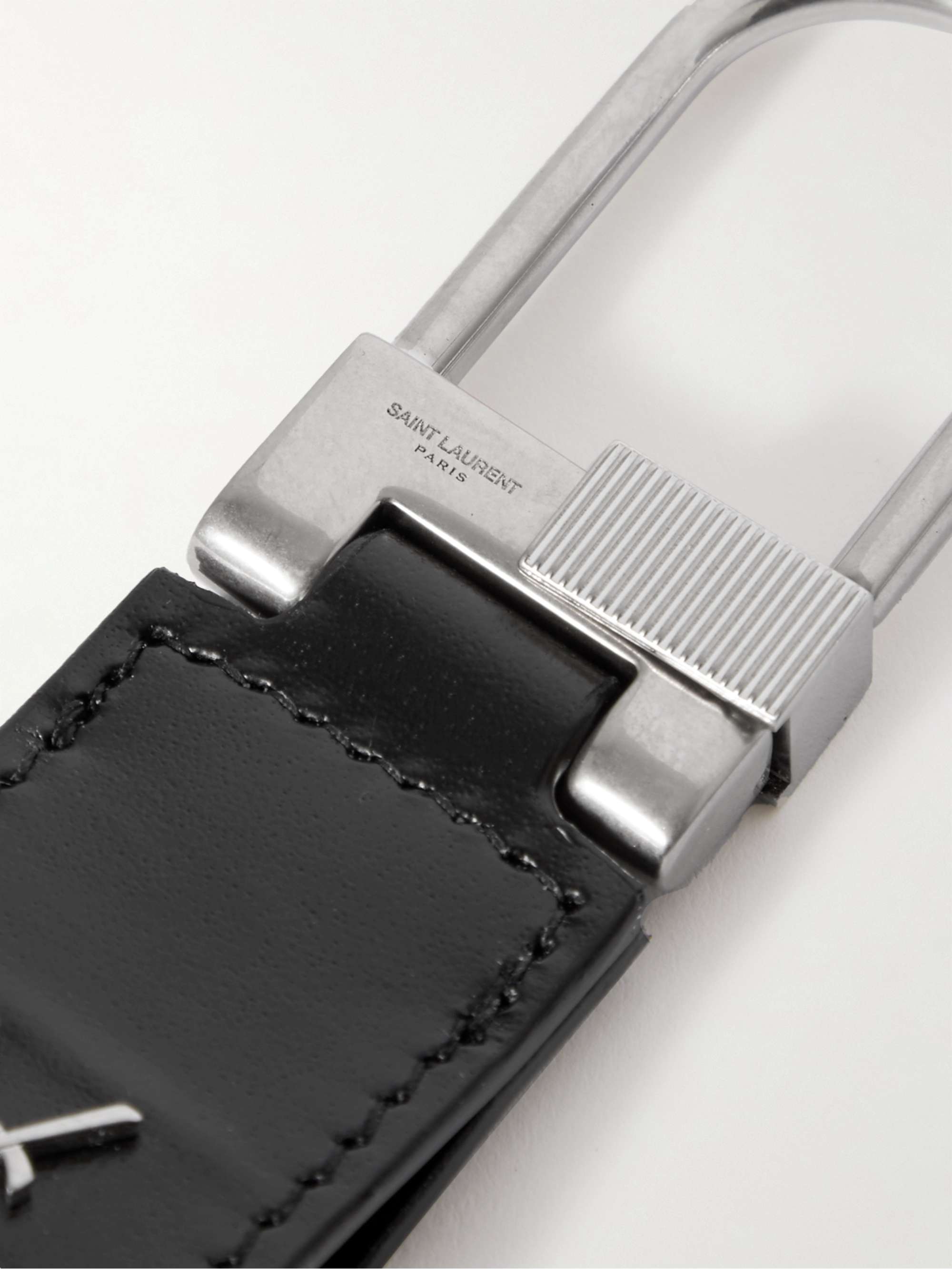 SAINT LAURENT Logo-Detailed Silver-Tone and Leather Key Fob