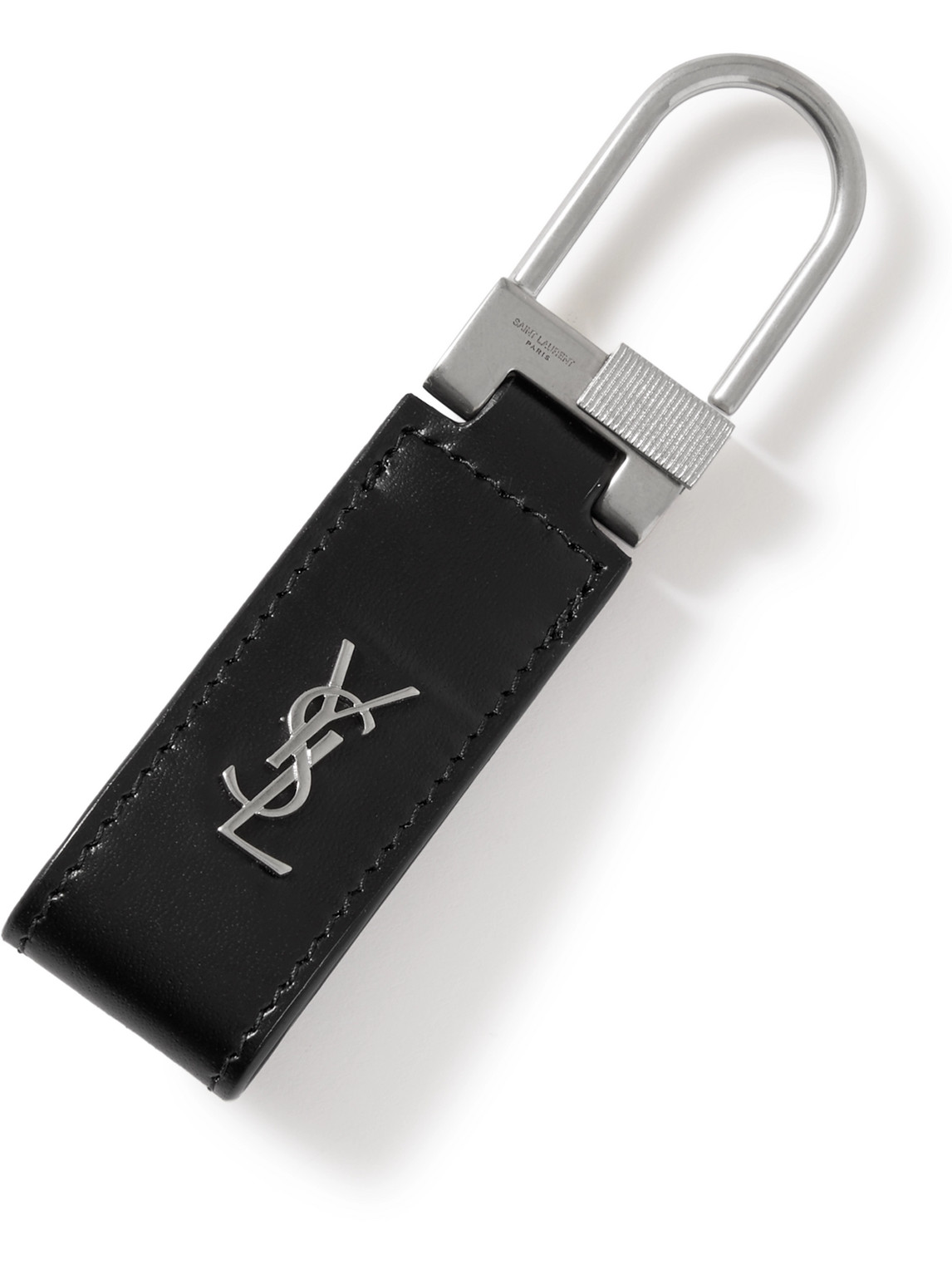 Saint Laurent Logo-detailed Silver-tone And Leather Key Fob In Black