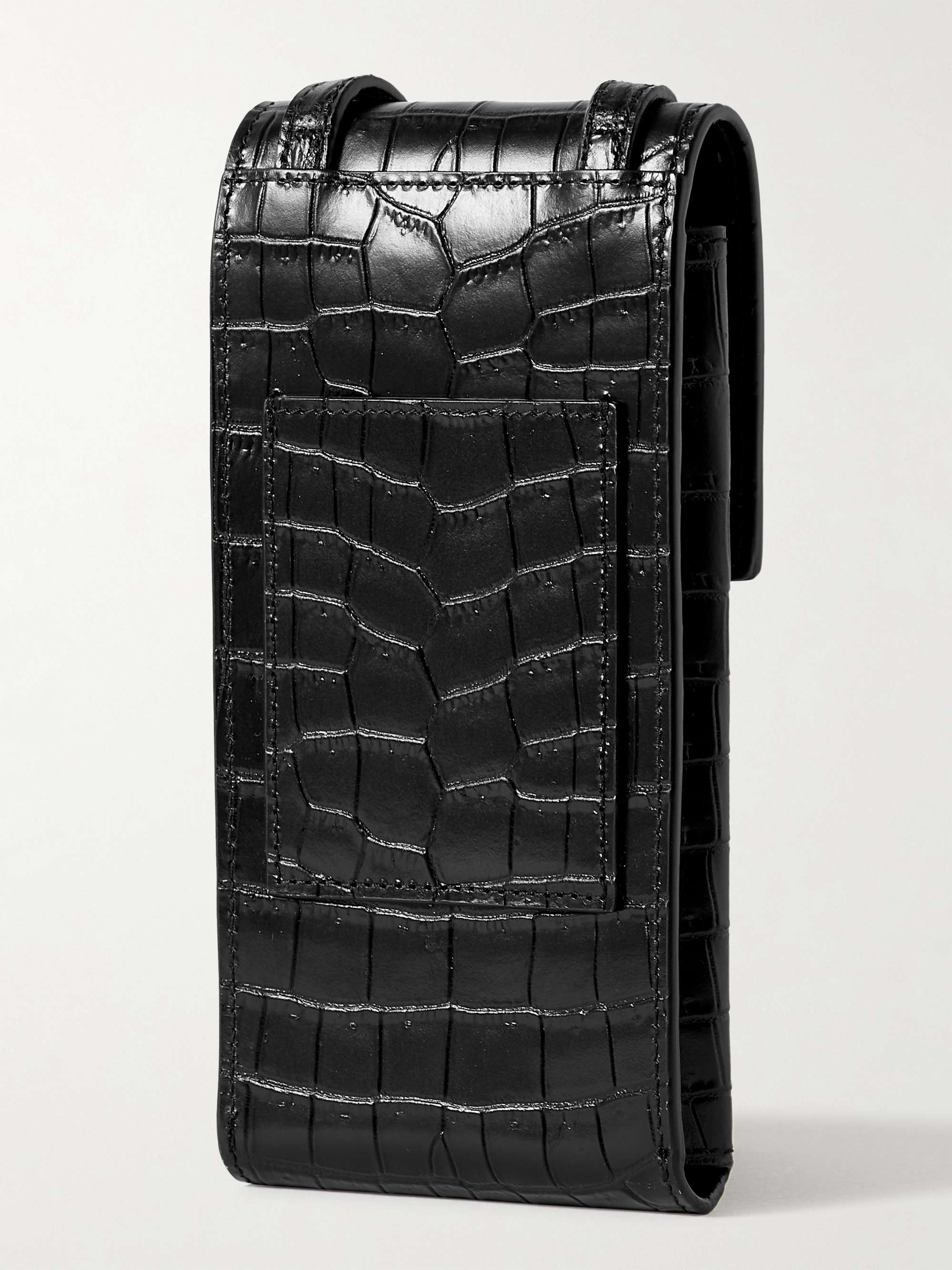SAINT LAURENT Croc-Effect Leather Phone Pouch with Lanyard