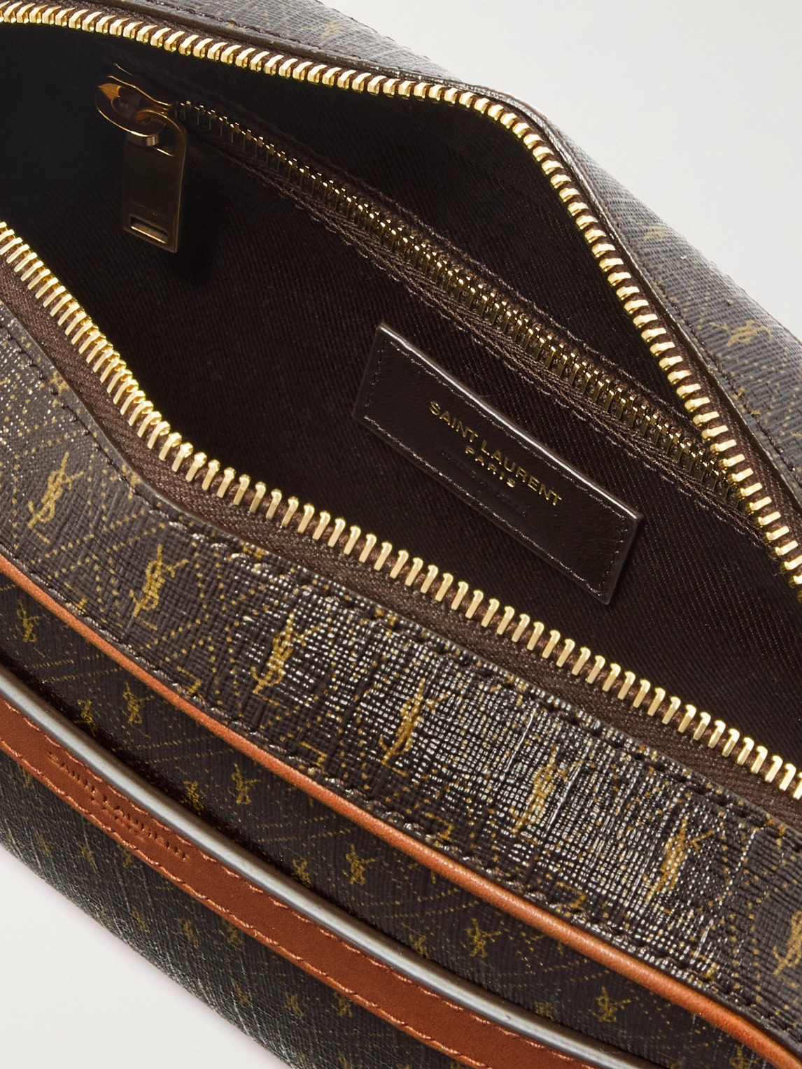 Shop Saint Laurent Leather-trimmed Monogrammed Coated-canvas Messenger Bag In Brown
