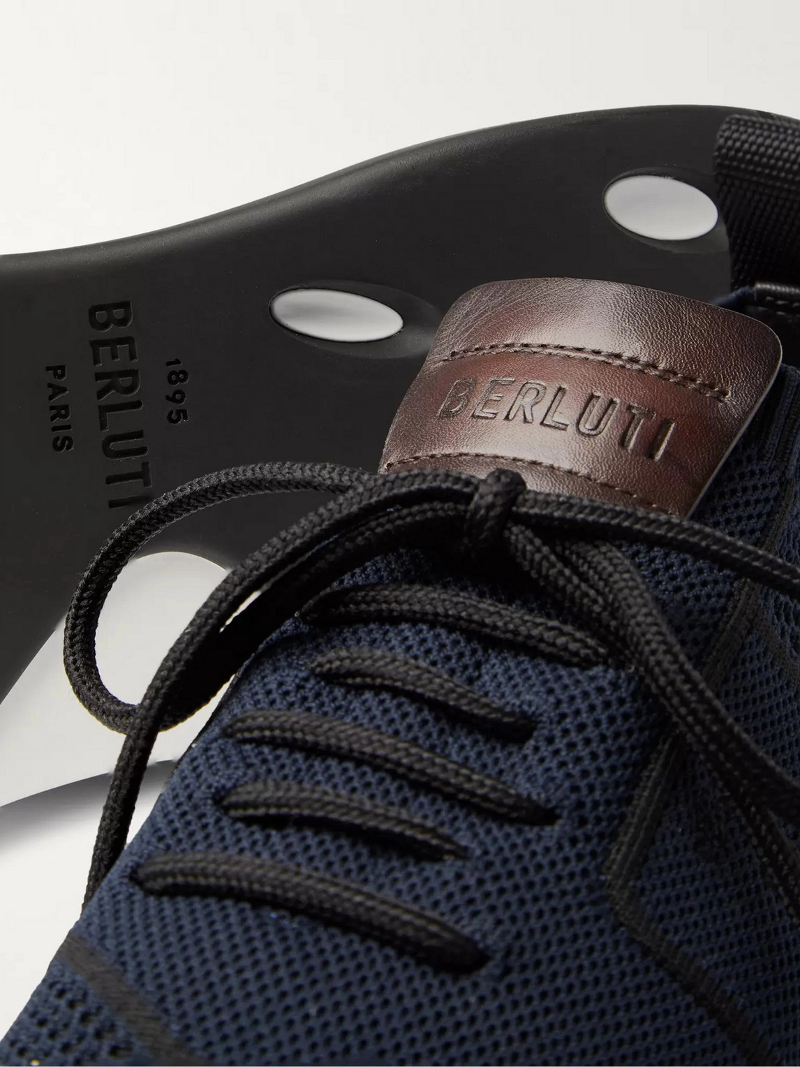 Shop Berluti Shadow Venezia Leather-trimmed Stretch-knit Sneakers In Blue