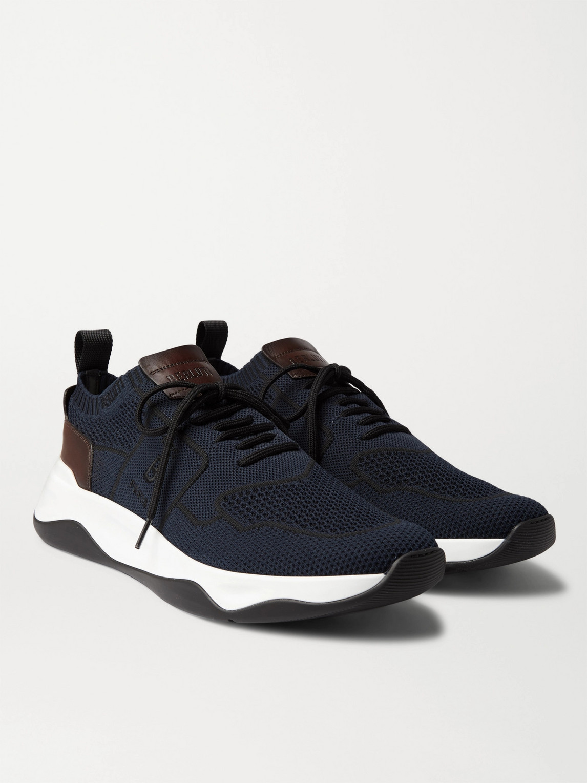 Shop Berluti Shadow Venezia Leather-trimmed Stretch-knit Sneakers In Blue