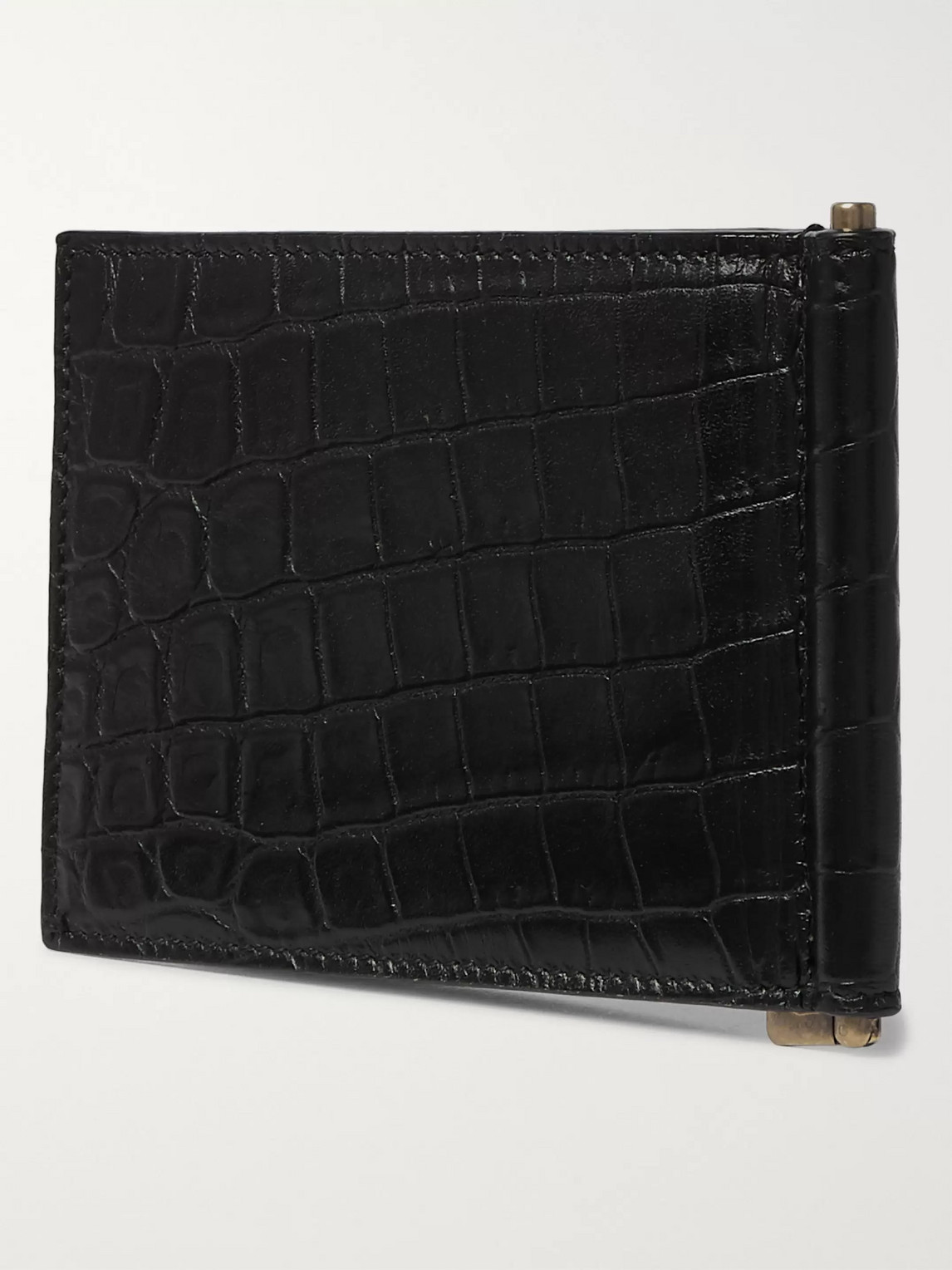 Saint Laurent Logo-appliquéd Croc-effect Leather Billfold Wallet With Money Clip In Black