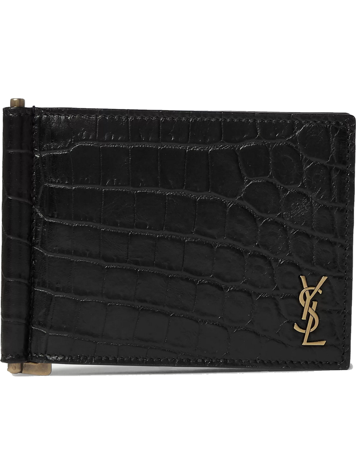 Saint Laurent Logo-appliquéd Croc-effect Leather Billfold Wallet With Money Clip In Black