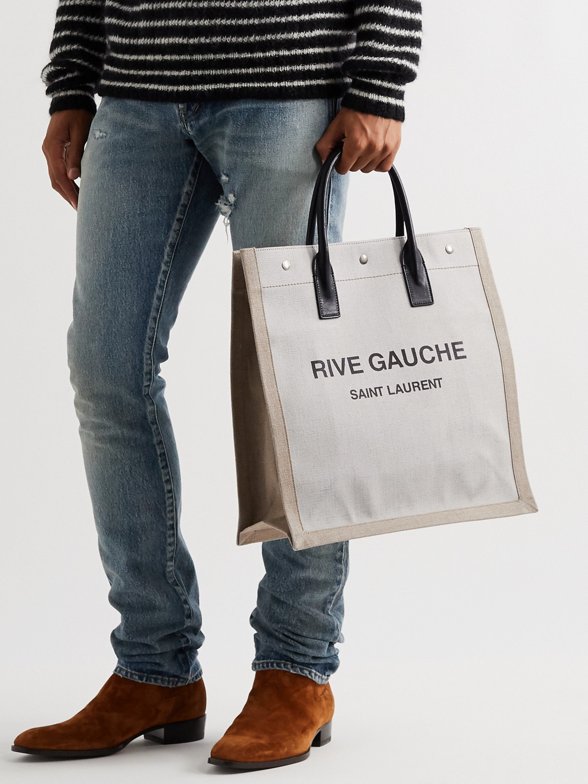 Shop Saint Laurent Noe Leather-trimmed Logo-print Canvas Tote Bag In White