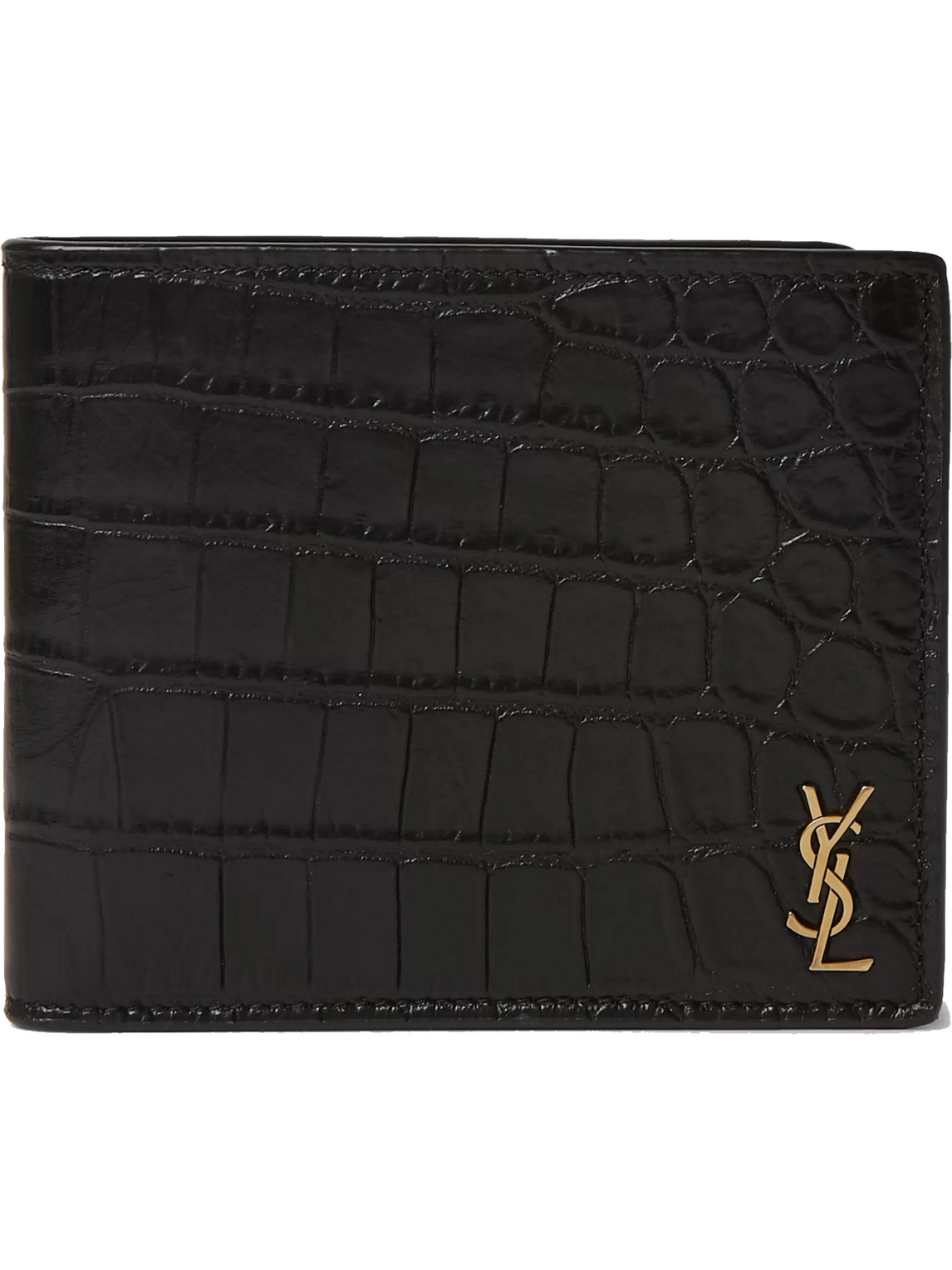 Saint Laurent Logo-appliquéd Croc-effect Leather Billfold Wallet In Black
