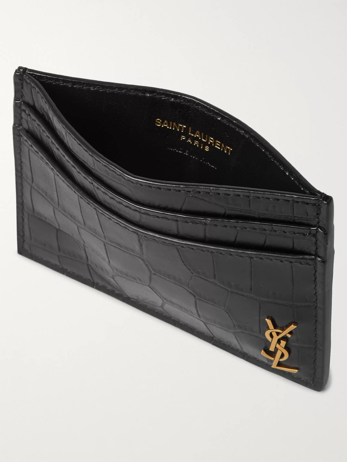 Saint Laurent Logo-appliquéd Croc-effect Leather Cardholder In Black