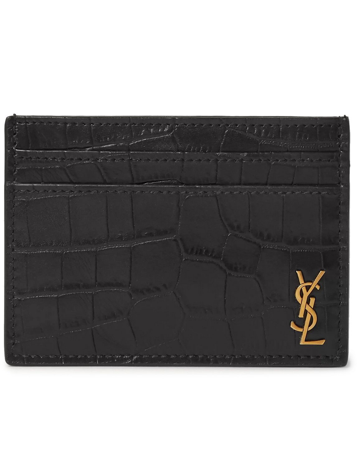 Saint Laurent Logo-appliquéd Croc-effect Leather Cardholder In Black