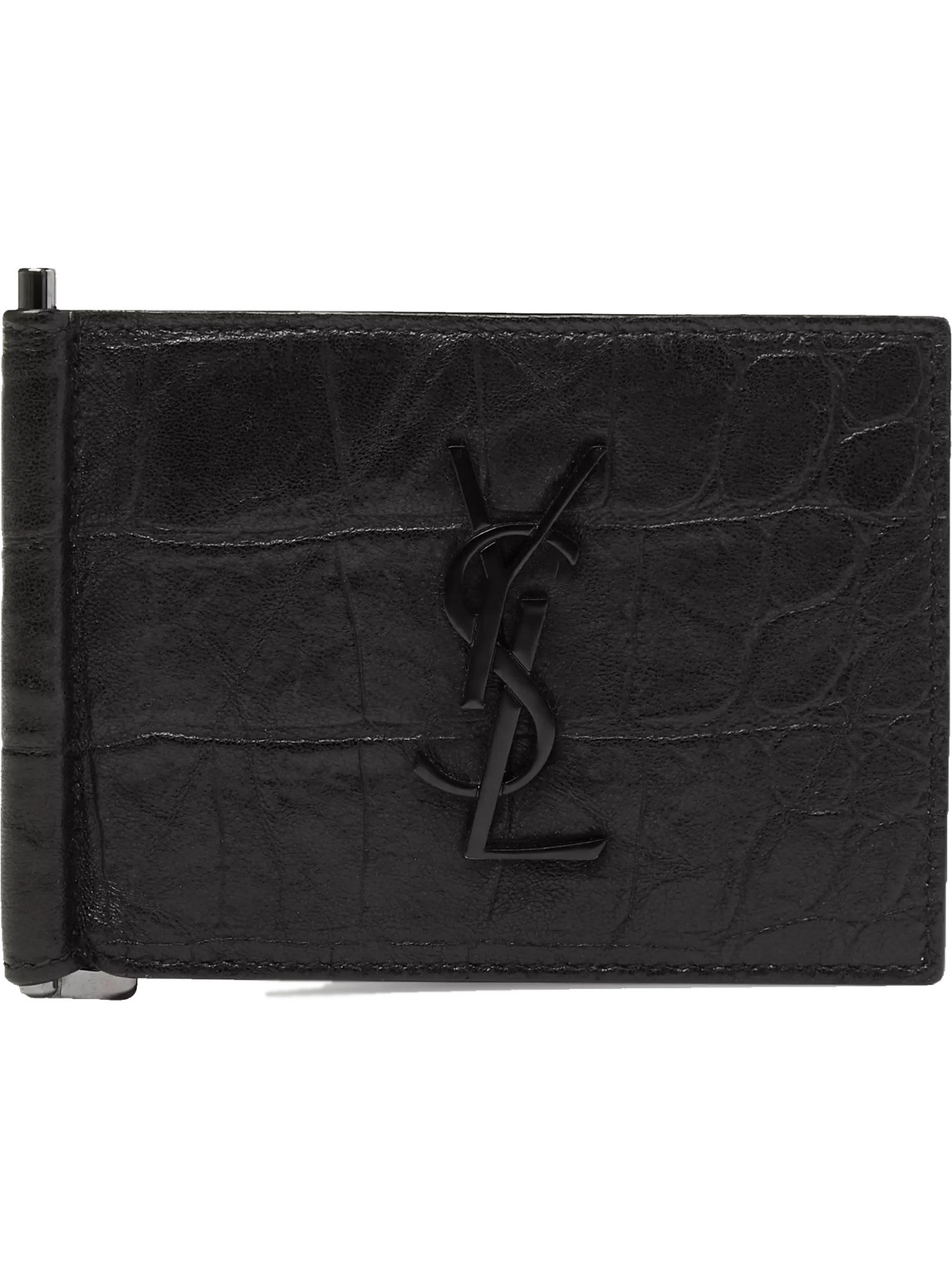 Saint Laurent Logo-appliquéd Croc-effect Leather Bifold Cardholder With Money Clip In Black