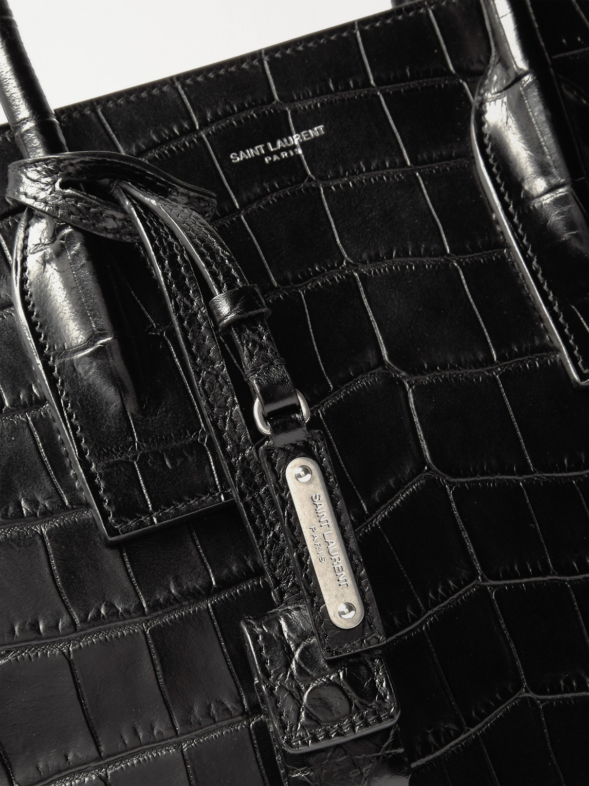 Shop Saint Laurent Croc-effect Leather Tote Bag In Black