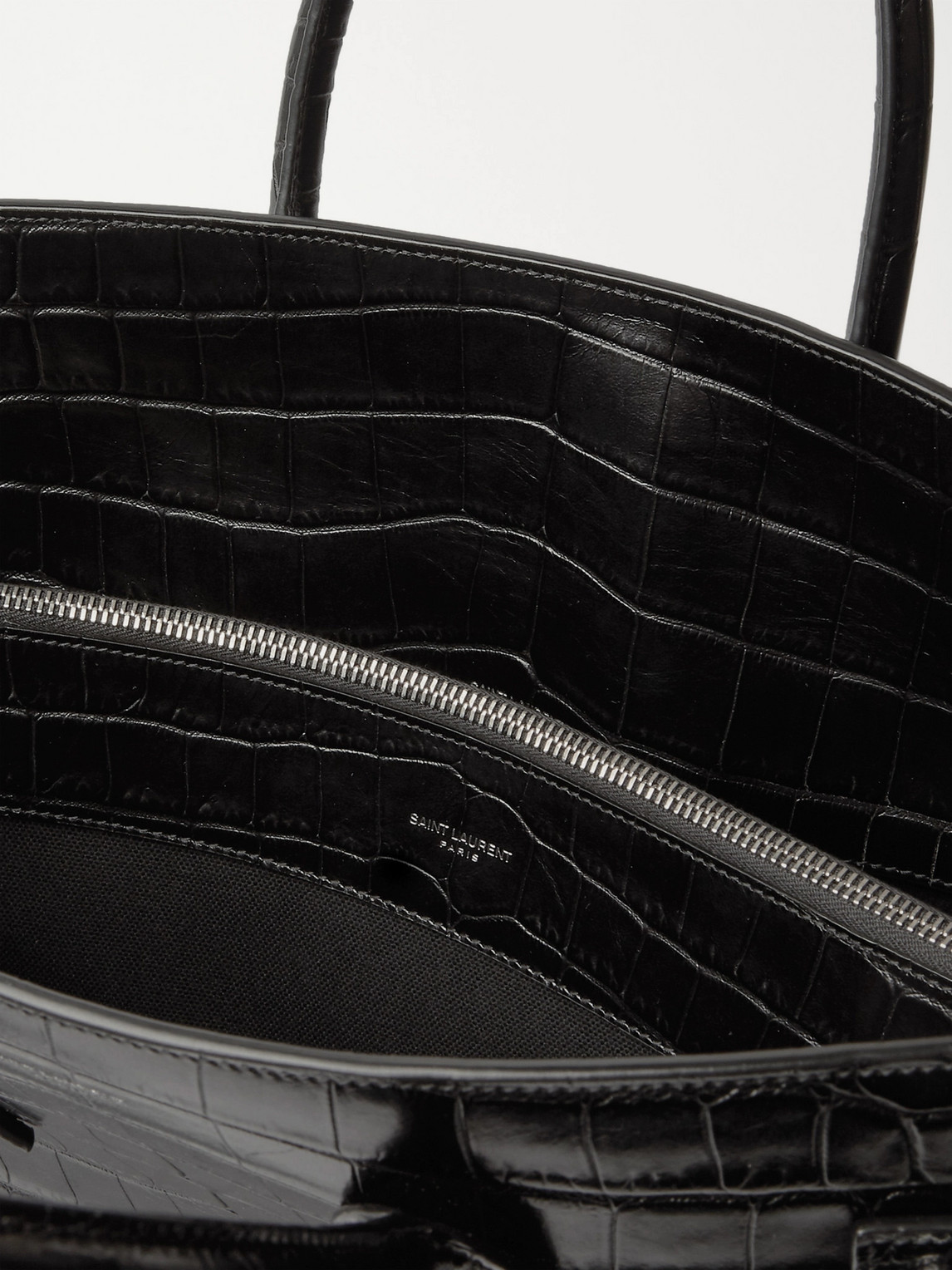 Shop Saint Laurent Croc-effect Leather Tote Bag In Black