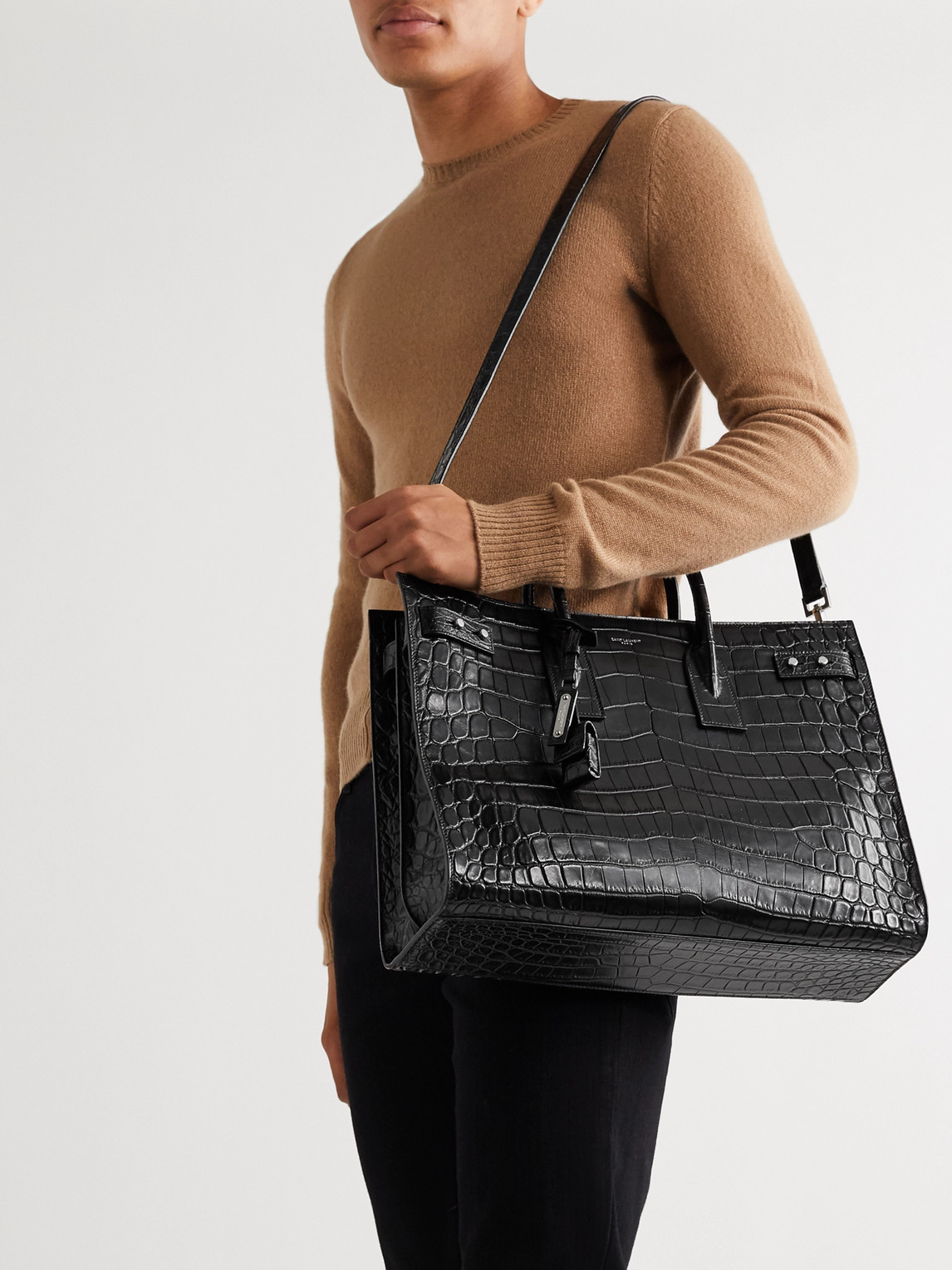 Shop Saint Laurent Croc-effect Leather Tote Bag In Black