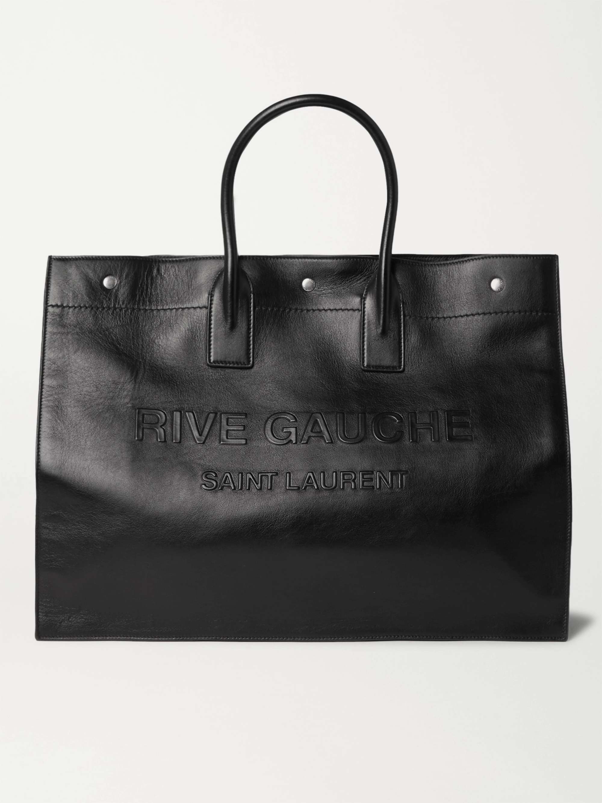 Black Leather-Look Embossed Logo Tote Bag