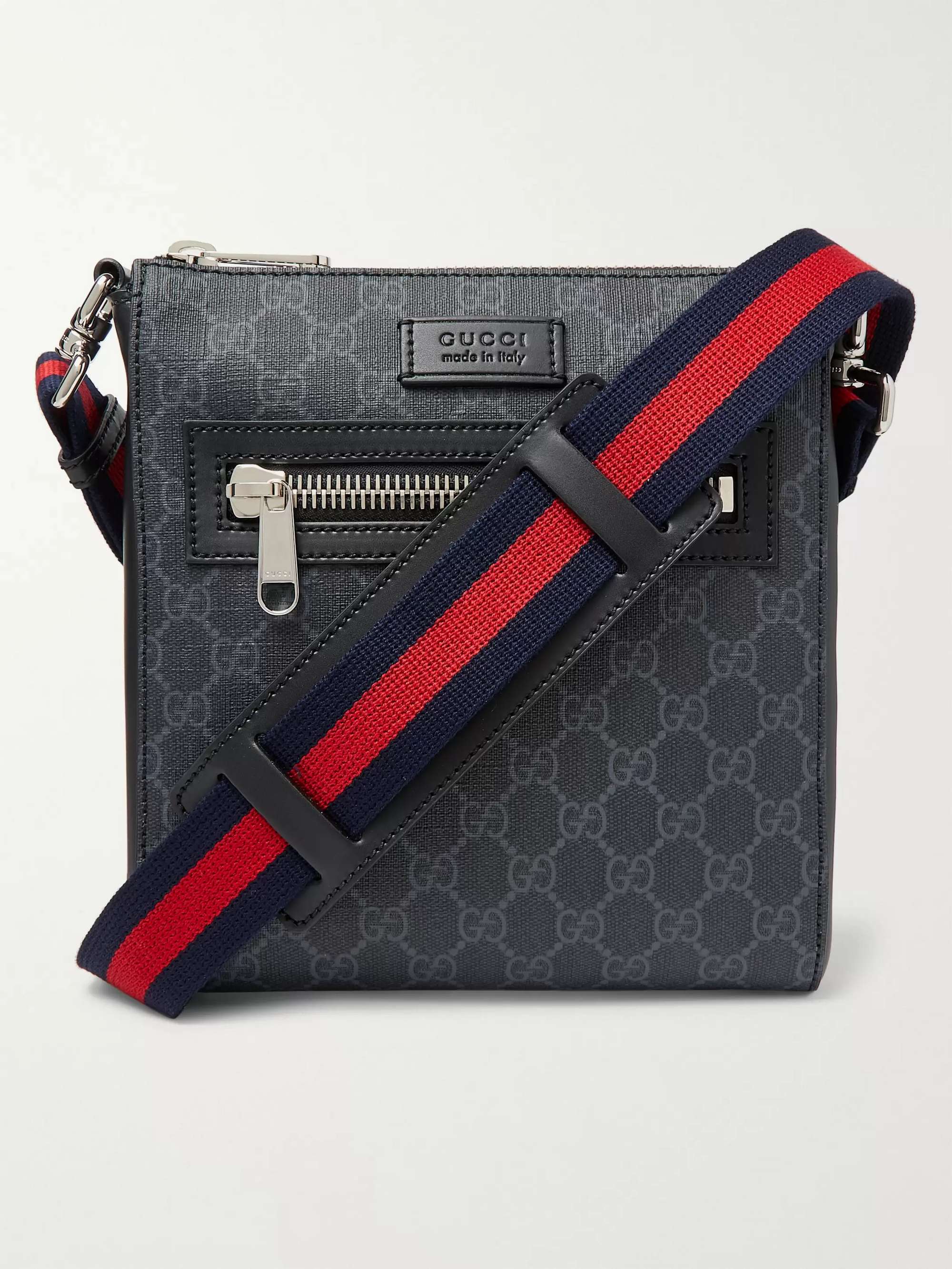 GUCCI Leather-Trimmed Monogrammed Coated-Canvas Messenger Bag for Men