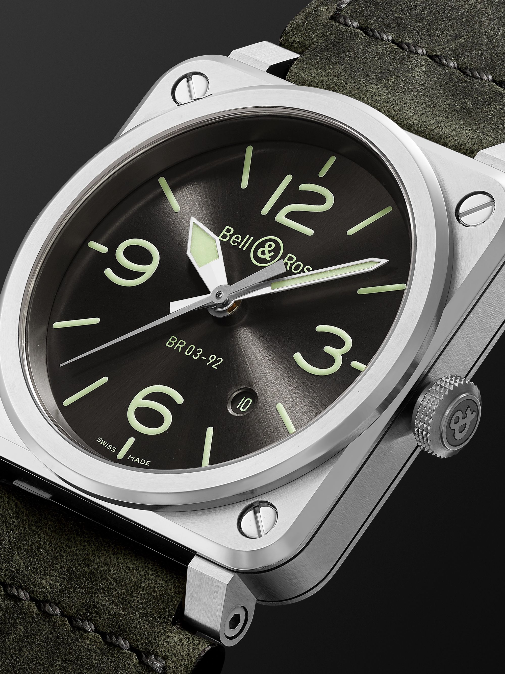 BELL & ROSS BR 03-92 Grey Lum Automatic 42mm Stainless Steel and Leather Watch, Ref. No. BR0392-GC3-ST/SCA