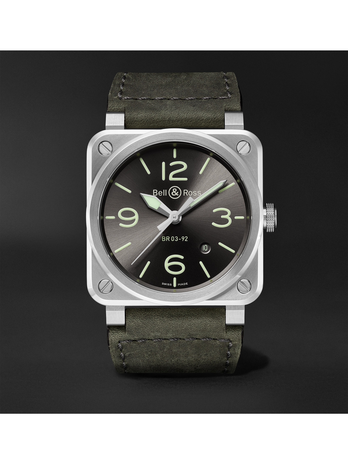 Bell & Ross Br 03-92 Grey Lum Automatic 42mm Stainless Steel And Leather Watch, Ref. No. Br0392-gc3-st/sca In Black