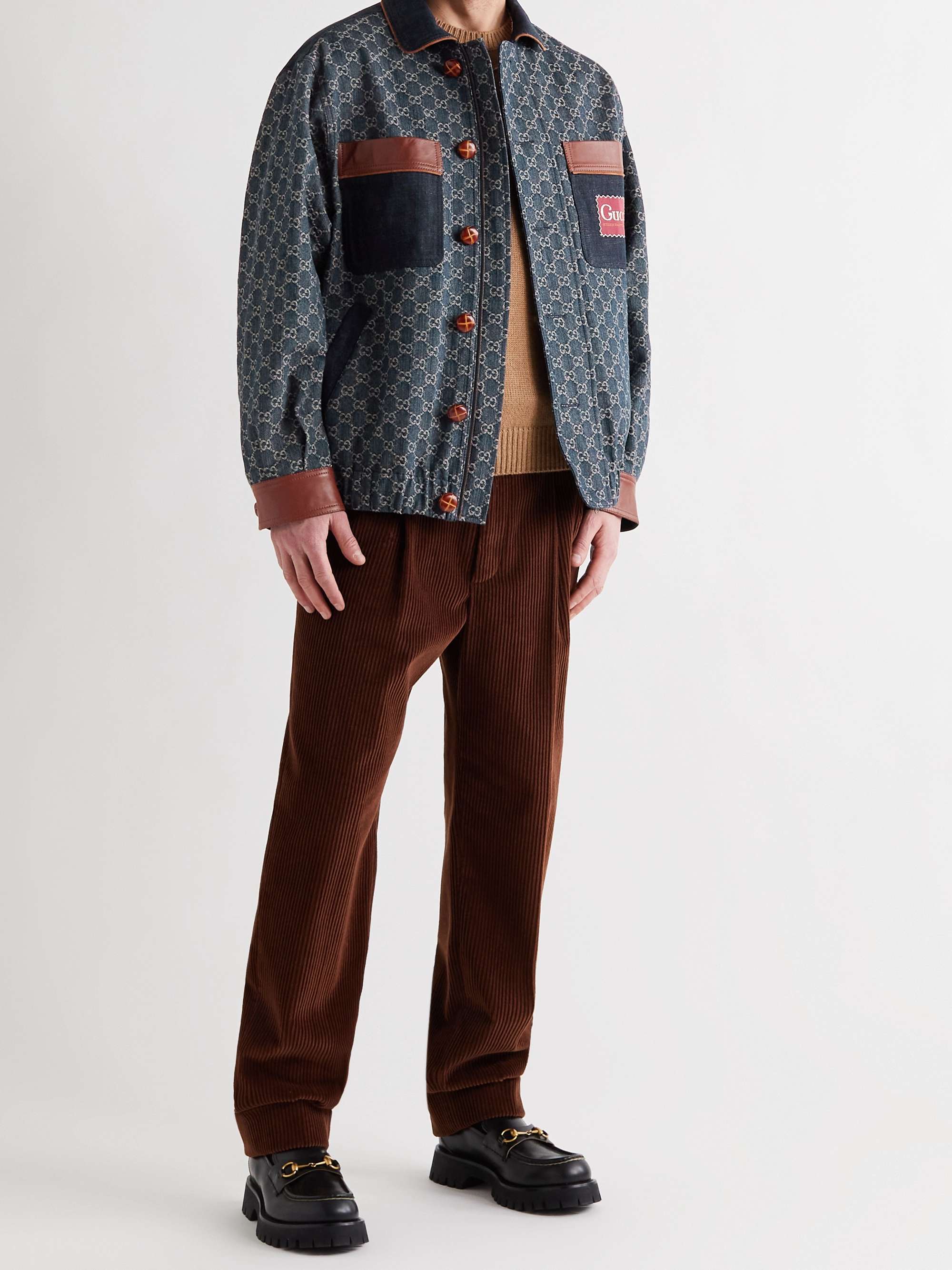 GUCCI Leather-Trimmed Logo-Jacquard Organic Denim Jacket for Men | MR ...