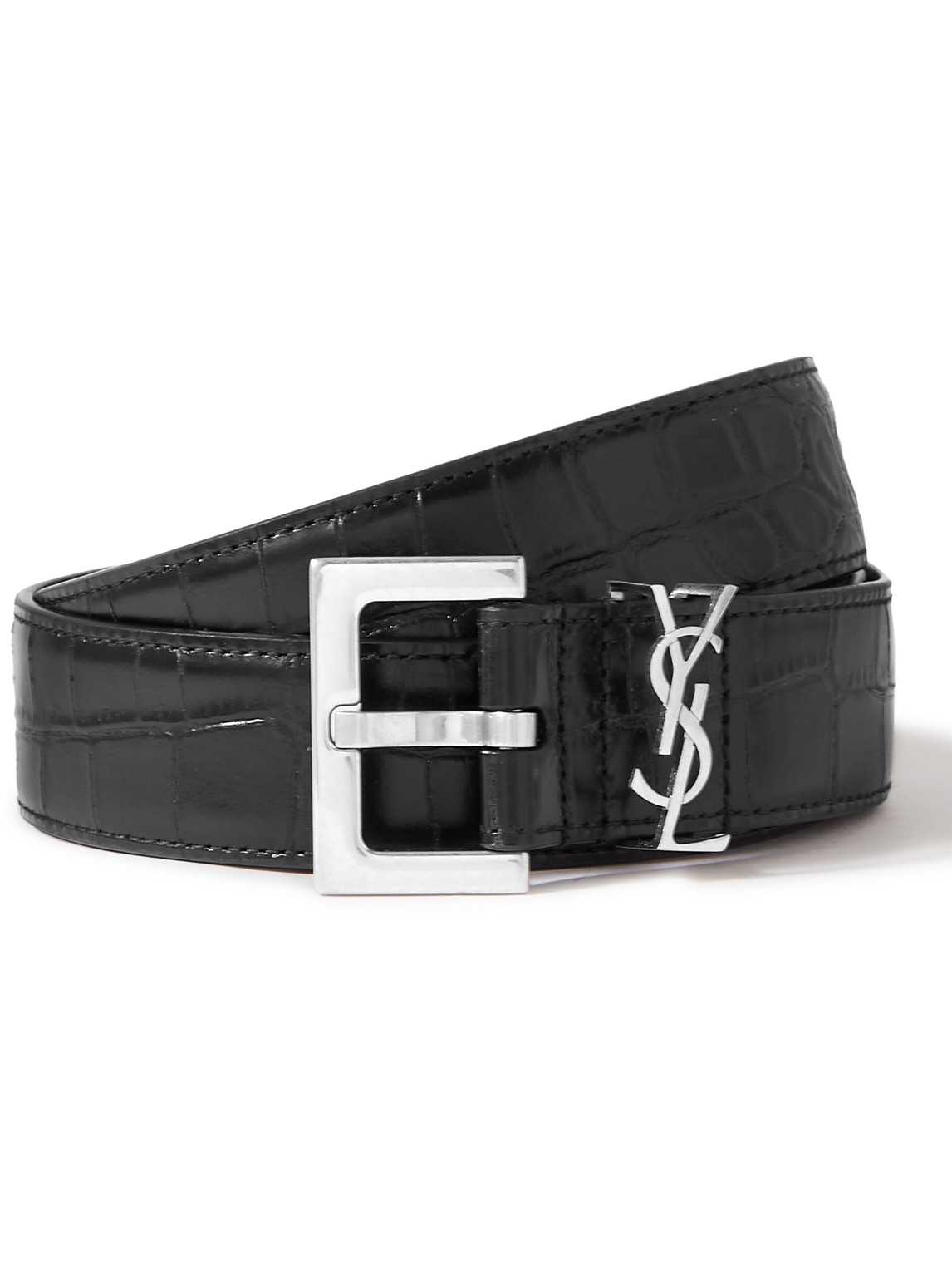 Saint Laurent 3cm Croc-effect Leather Belt In Black