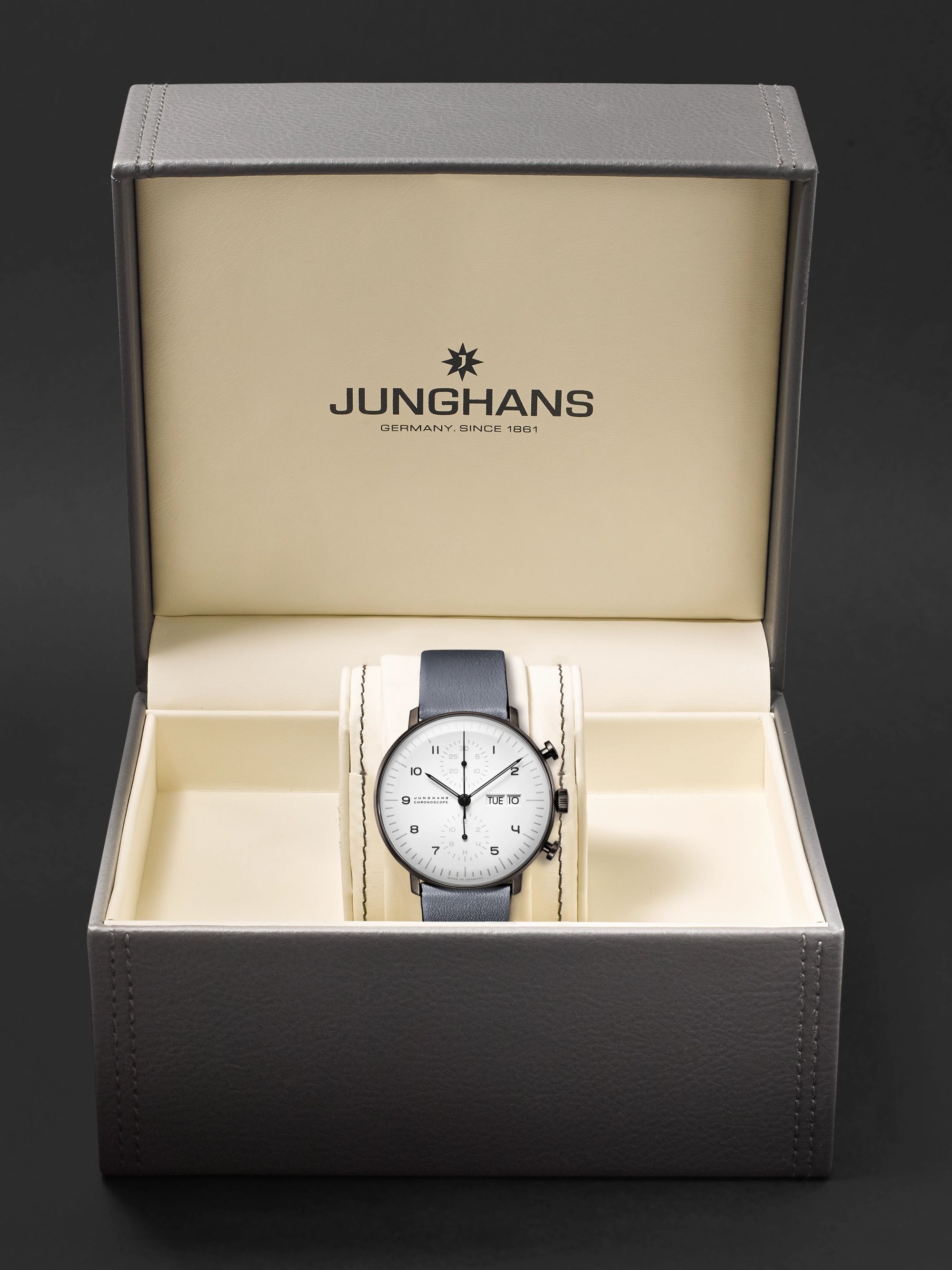 JUNGHANS Max Bill Chronoscope Automatic 40mm Stainless Steel and Leather Watch, Ref. No. 027/4008.05