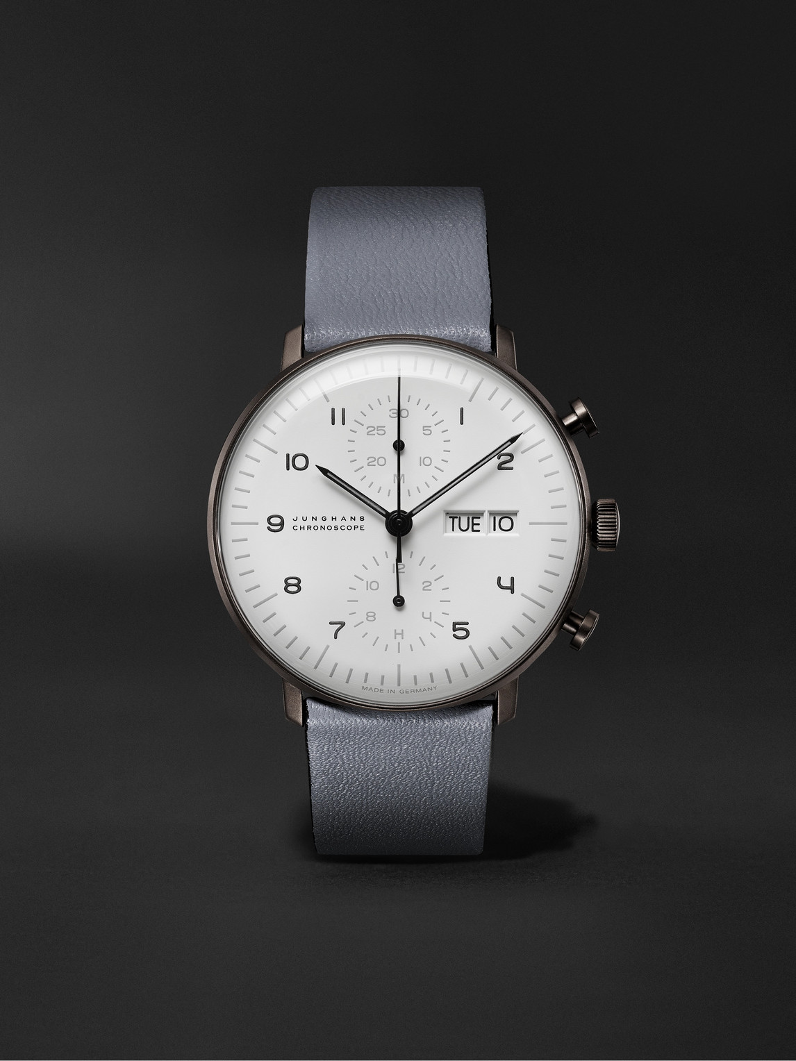 JUNGHANS MAX BILL CHRONOSCOPE AUTOMATIC 40MM STAINLESS STEEL AND LEATHER WATCH, REF. NO. 027/4008.05