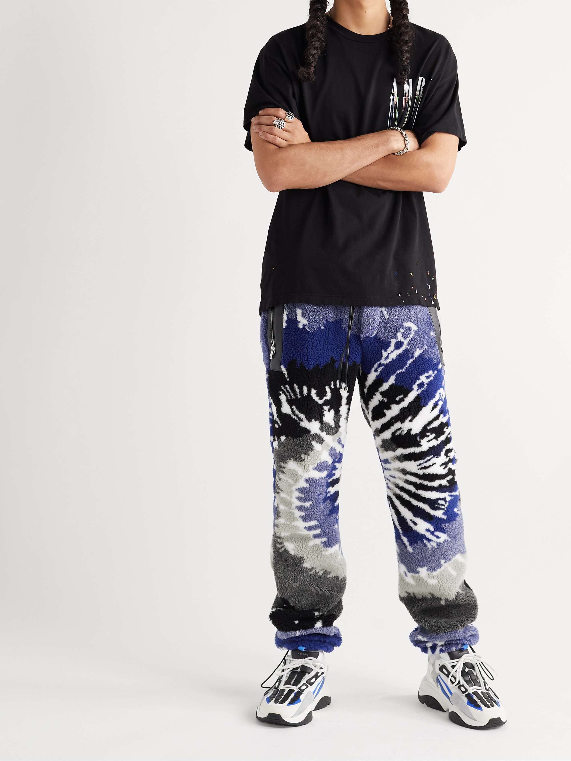 AMIRI Tapered Leather-Trimmed Tie-Dyed Fleece Sweatpants