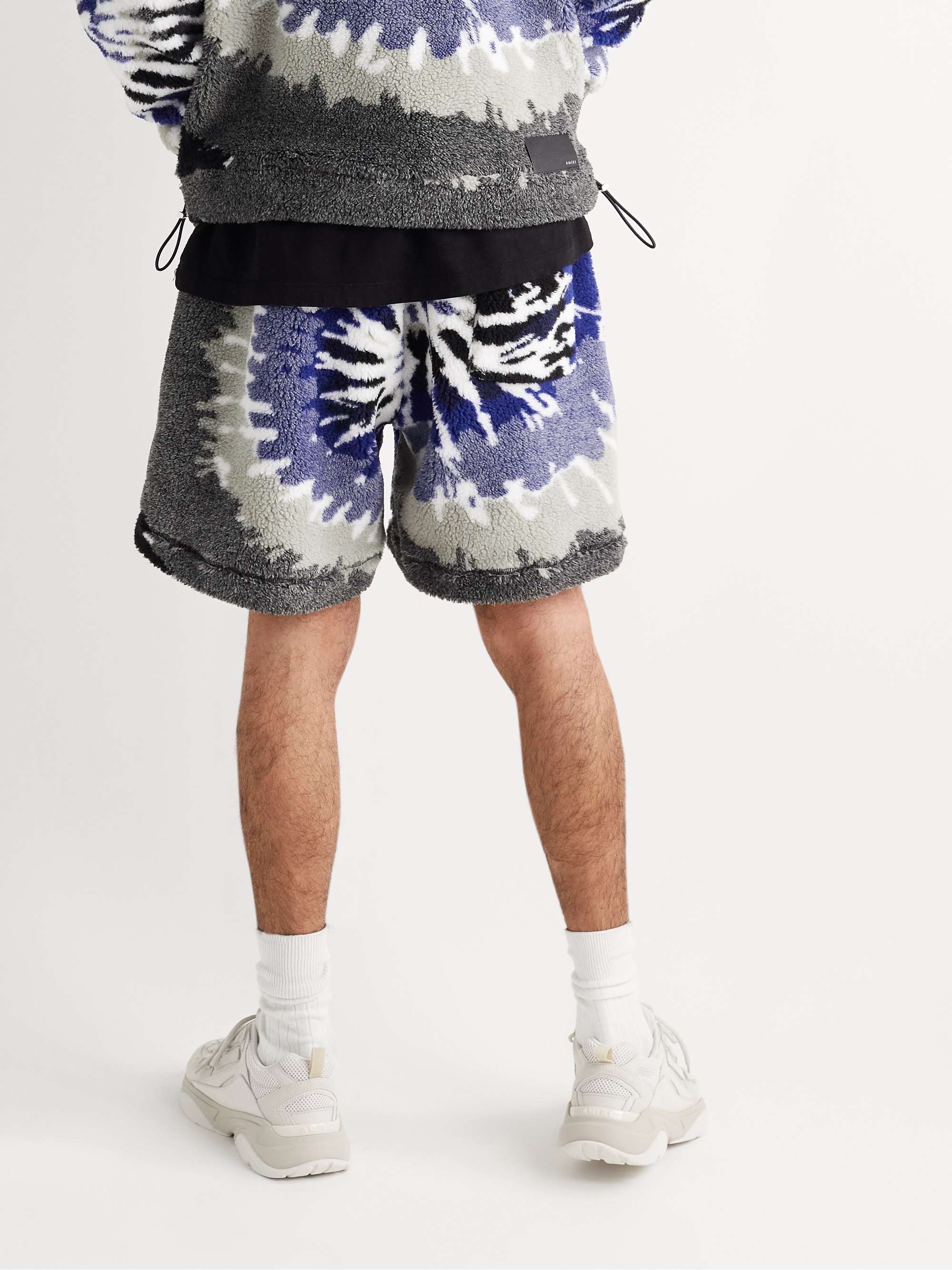 AMIRI Wide-Leg Leather-Trimmed Tie-Dyed Fleece Drawstring Shorts