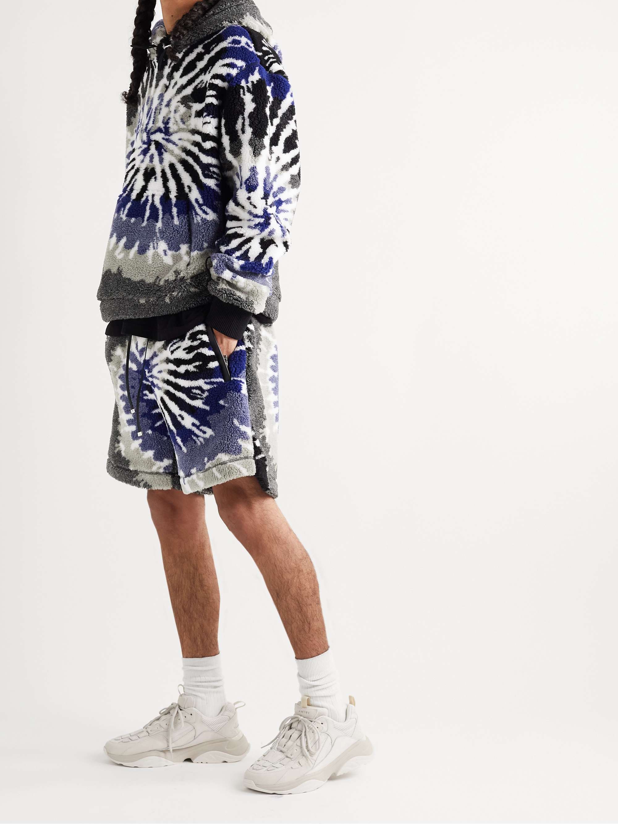 AMIRI Wide-Leg Leather-Trimmed Tie-Dyed Fleece Drawstring Shorts