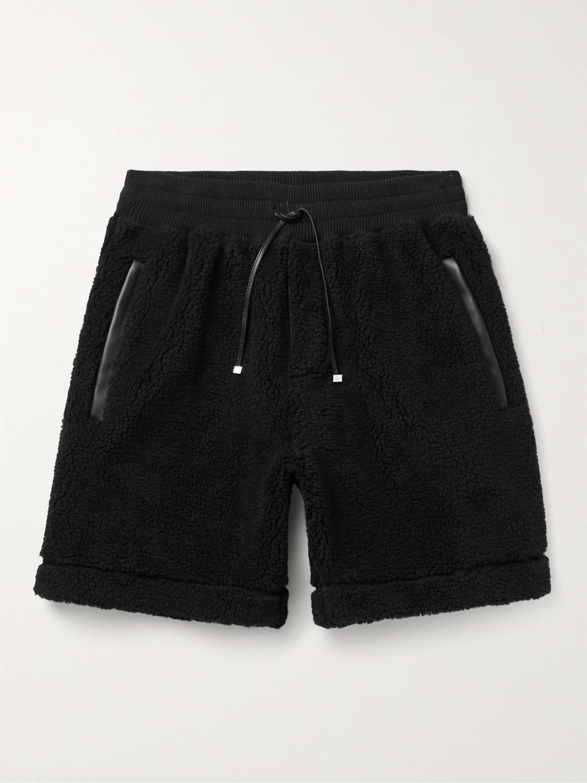 AMIRI Wide-Leg Leather-Trimmed Fleece Drawstring Shorts