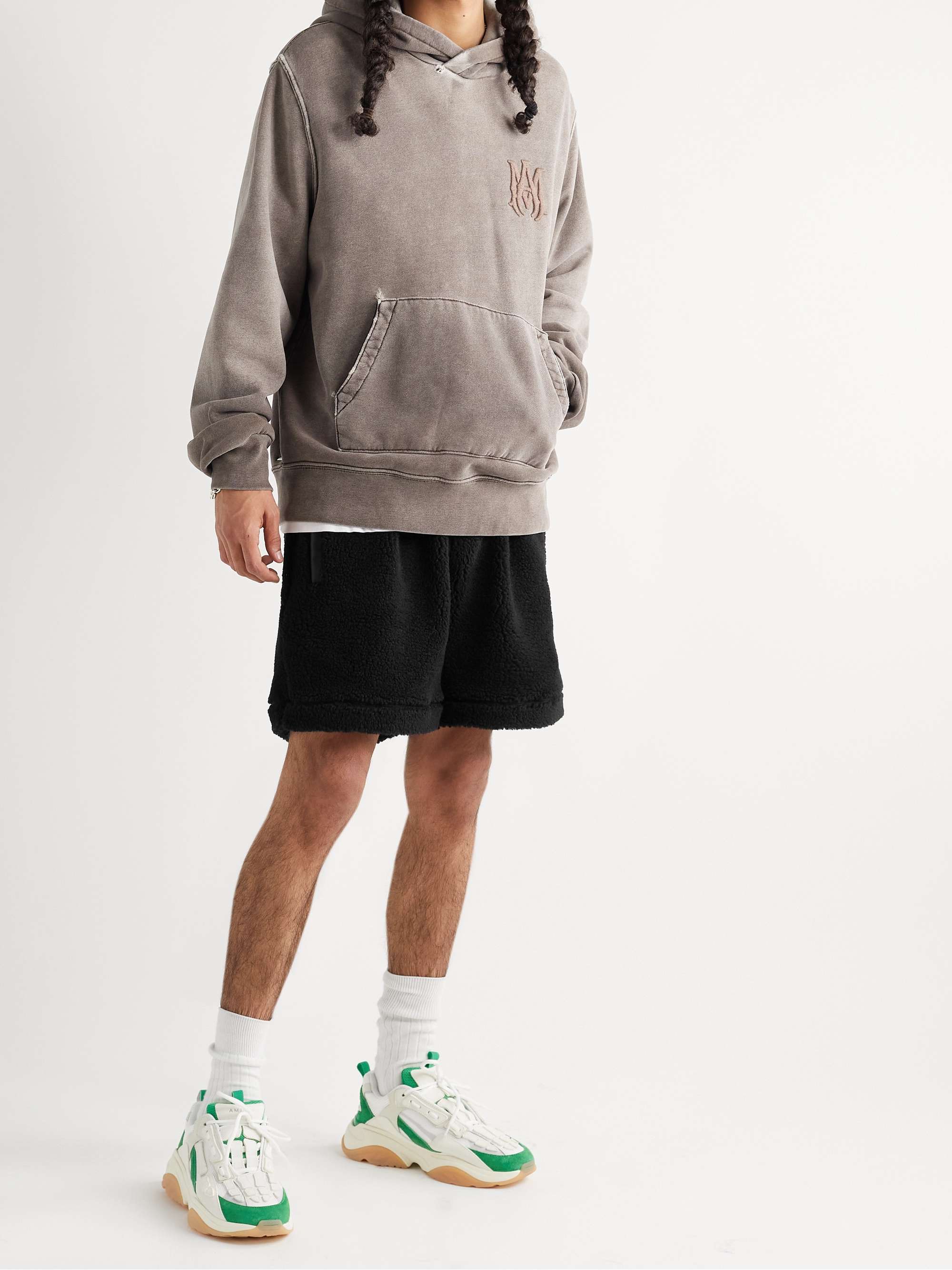 AMIRI Wide-Leg Leather-Trimmed Fleece Drawstring Shorts