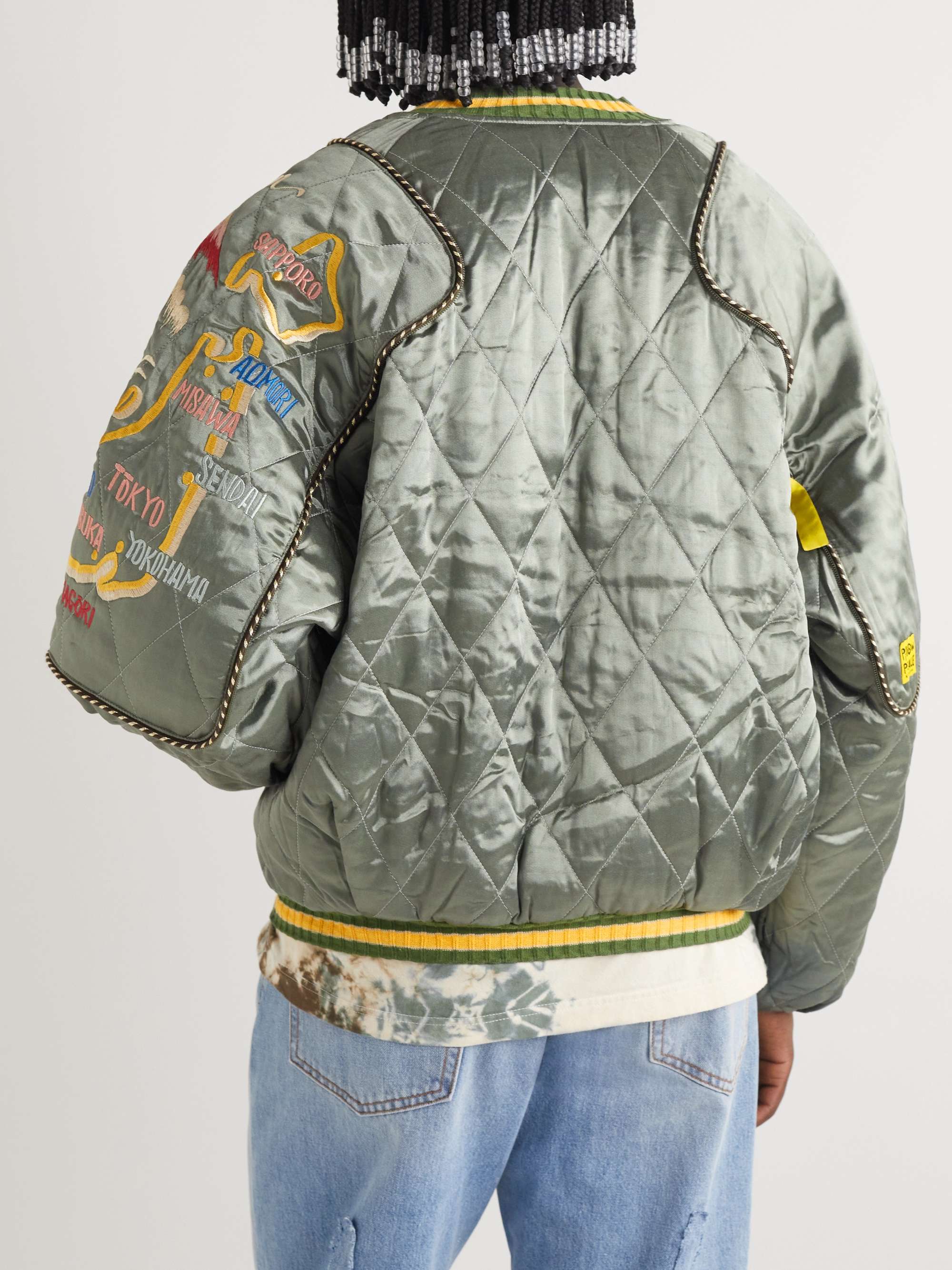 KAPITAL Convertible Embroidered Quilted Satin Bomber Jacket